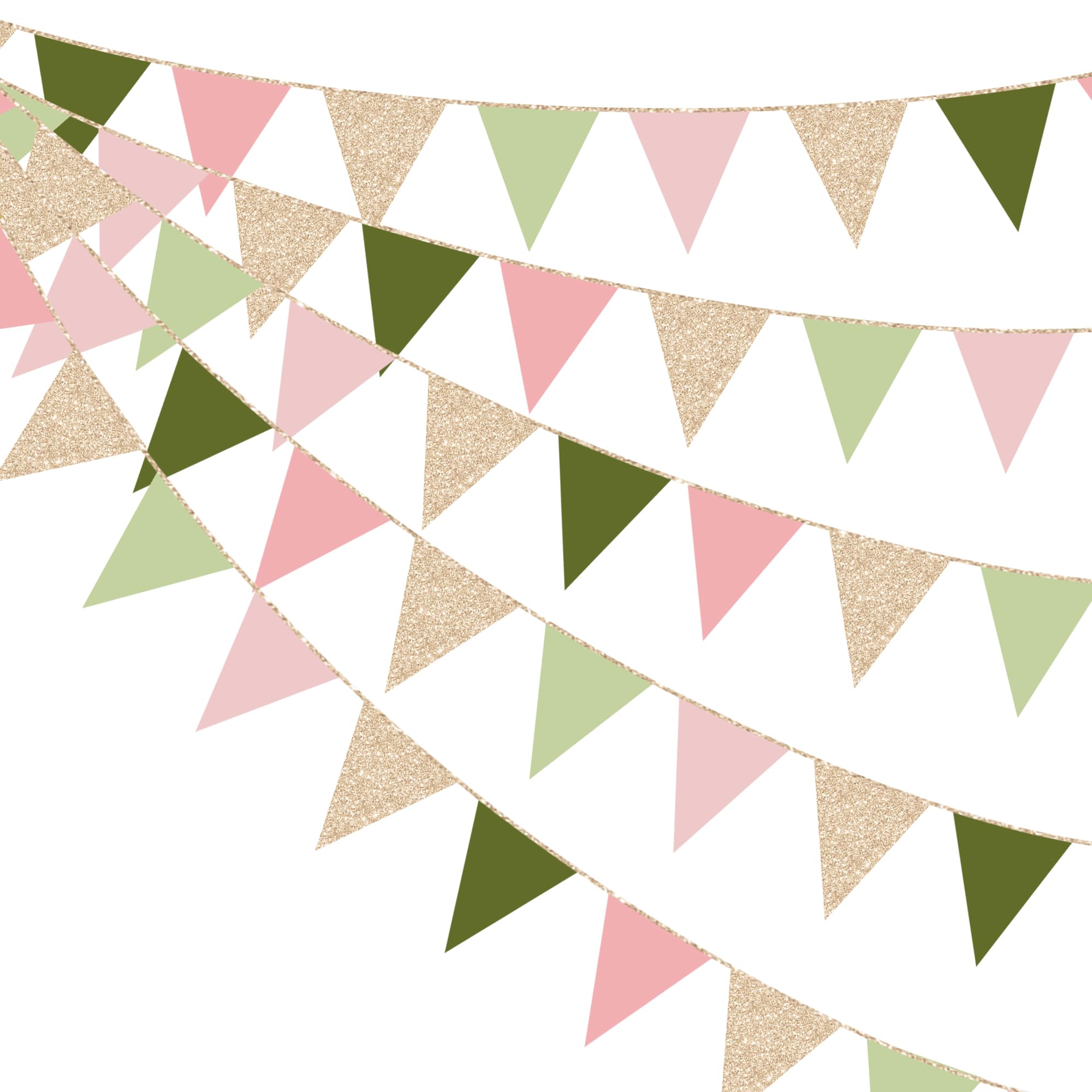 30Ft Sage Green Dusty Rose Pink Champagne Gold Bunting Banner Party Decorations Hanging Glitter Paper Triangle Flag Pennant for Girls Wild One Jungle Safari Woodland Birthday Wedding Baby Shower Party