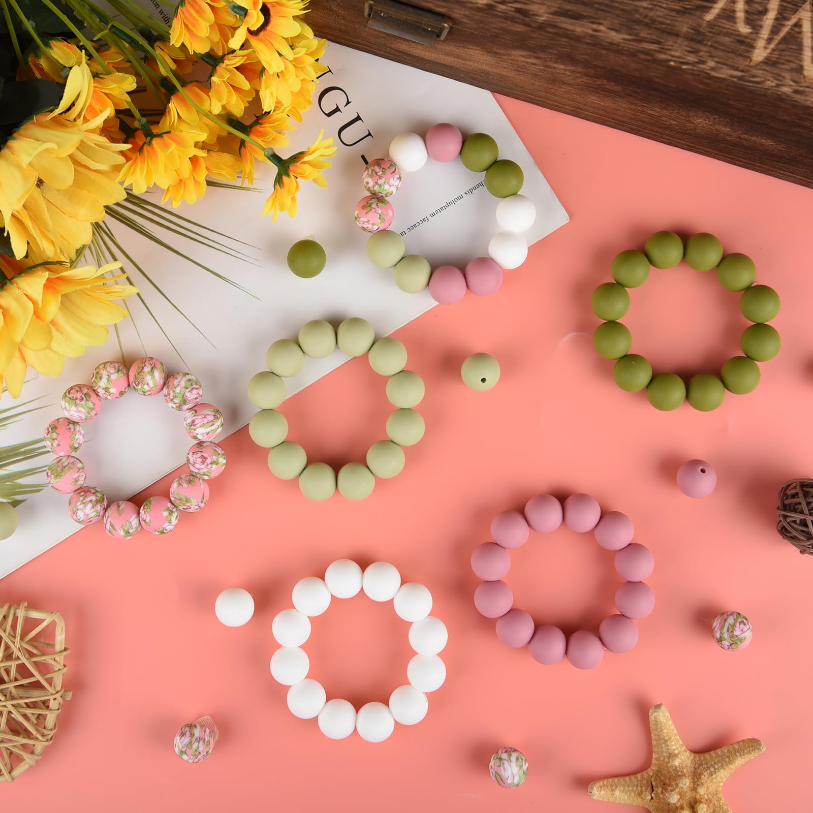 ASTARON 100 Pcs 15mm Silicone Beads for Keychain Making Pink Green White Round Beads for Bracelets Crafts Beadable Pens Decorations Jewelry Making Party Favors Supplies - Image 3