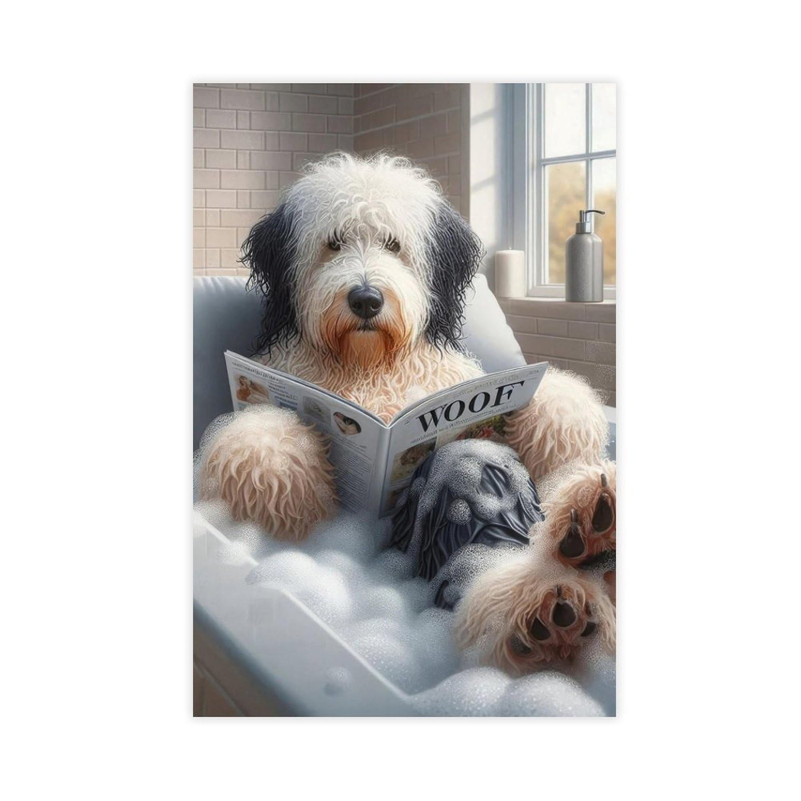 NFFBGFD Funny Old English Sheepdog Bathtub Print Canvas Poster Bedroom Decor Landscape Decor Gift 12x18inch(30x45cm)