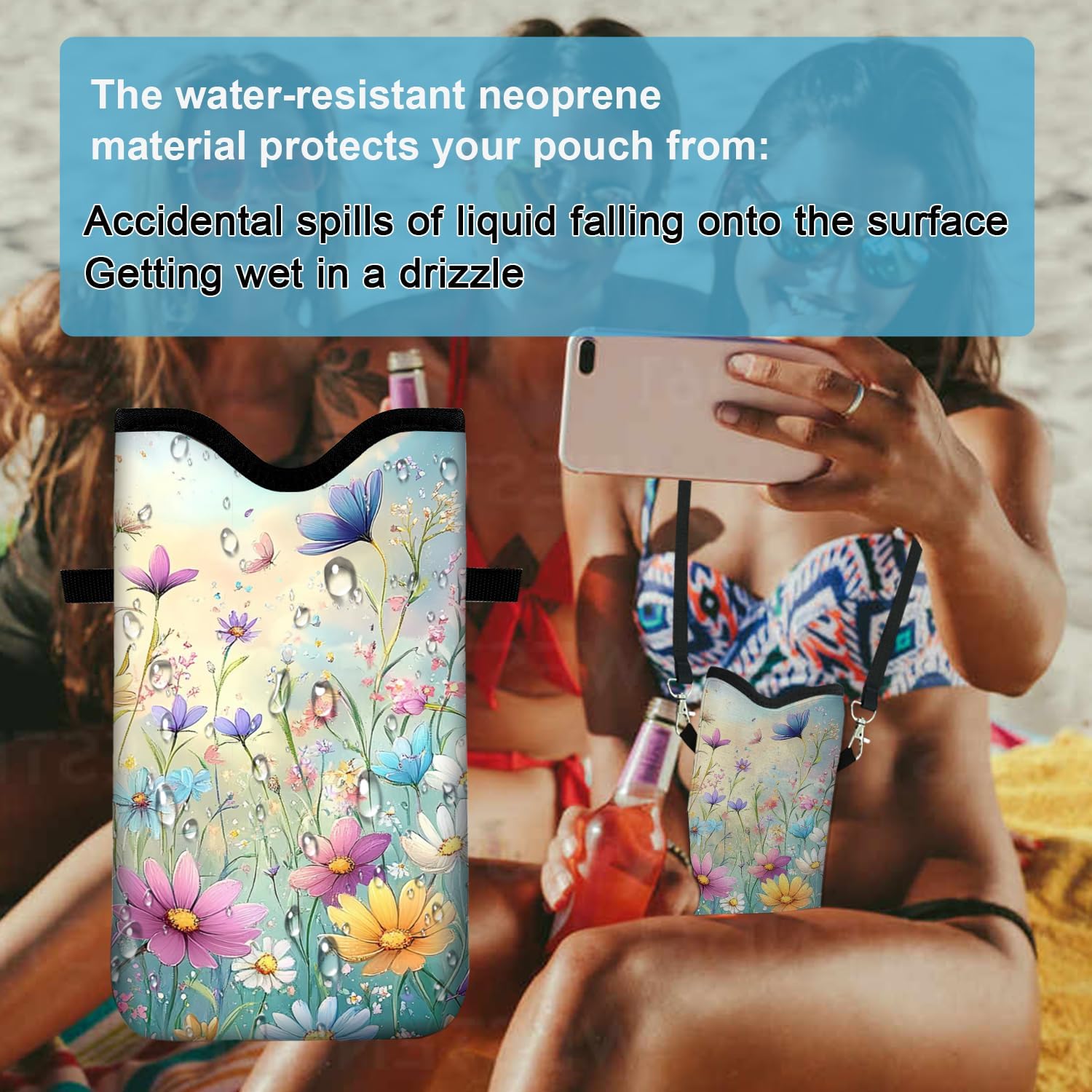 Neoprene Cell Phone Sleeve Pouch Case Bag with Crossbody Strap Neck Lanyard for Women 7.1 X 3.9 in Colorful Flowers - Image 4