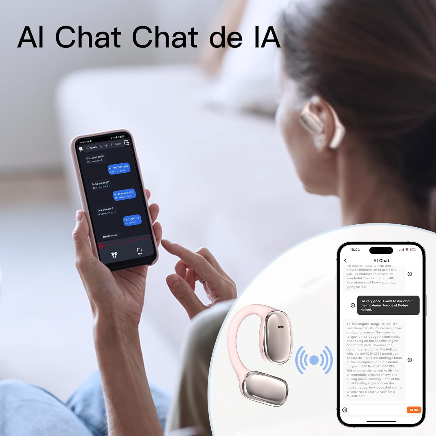 Person using ZIHNIC AI Translation Earphones with an AI chat application on a smartphone