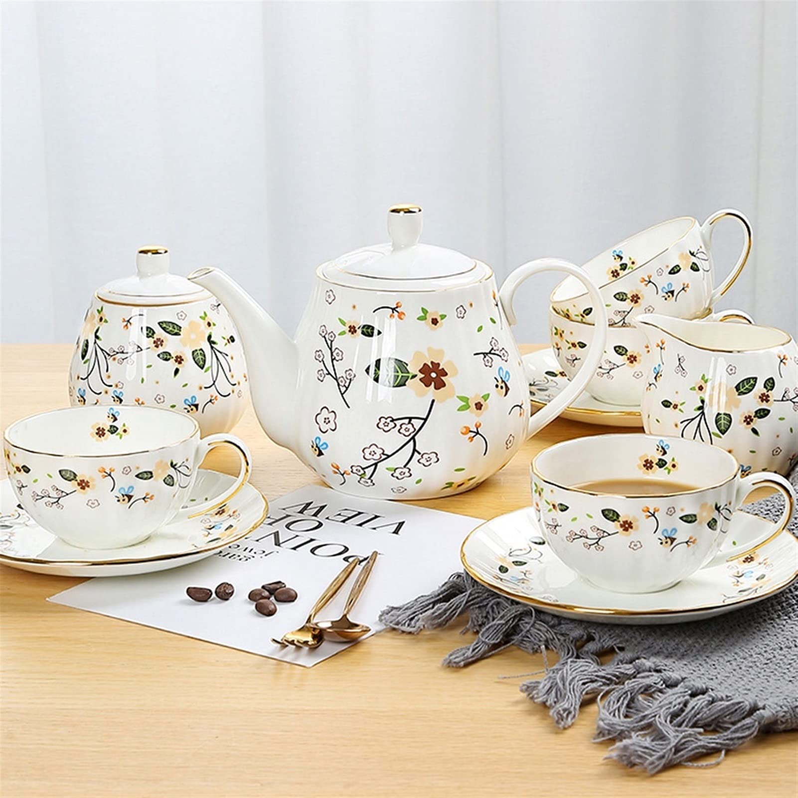 Tazze da caffè Serie di tazza di caffè in ceramica Serie, 6 tazze e piattini, caffettiera, zuccheria, Brocca di latte (senza cucchiaino e caffettiera) Phnom Penh Pener Pomeriggio Tè in Pomeriggio Set