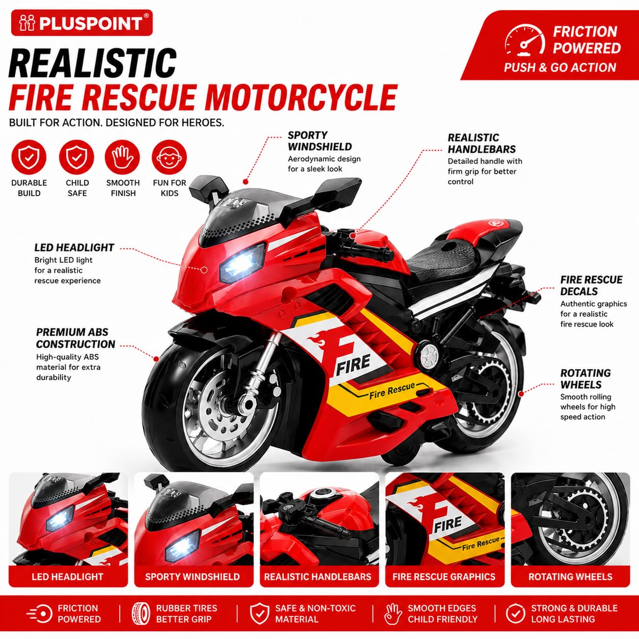 PLUSPOINT Fire Rescue Motorcycle Toy | Friction Powered Fire Bike with Lights, Music & Inertial Push and Go Action | Emergency Rescue Vehicle Toy for Kids Boys & Girls Age 3+ 4