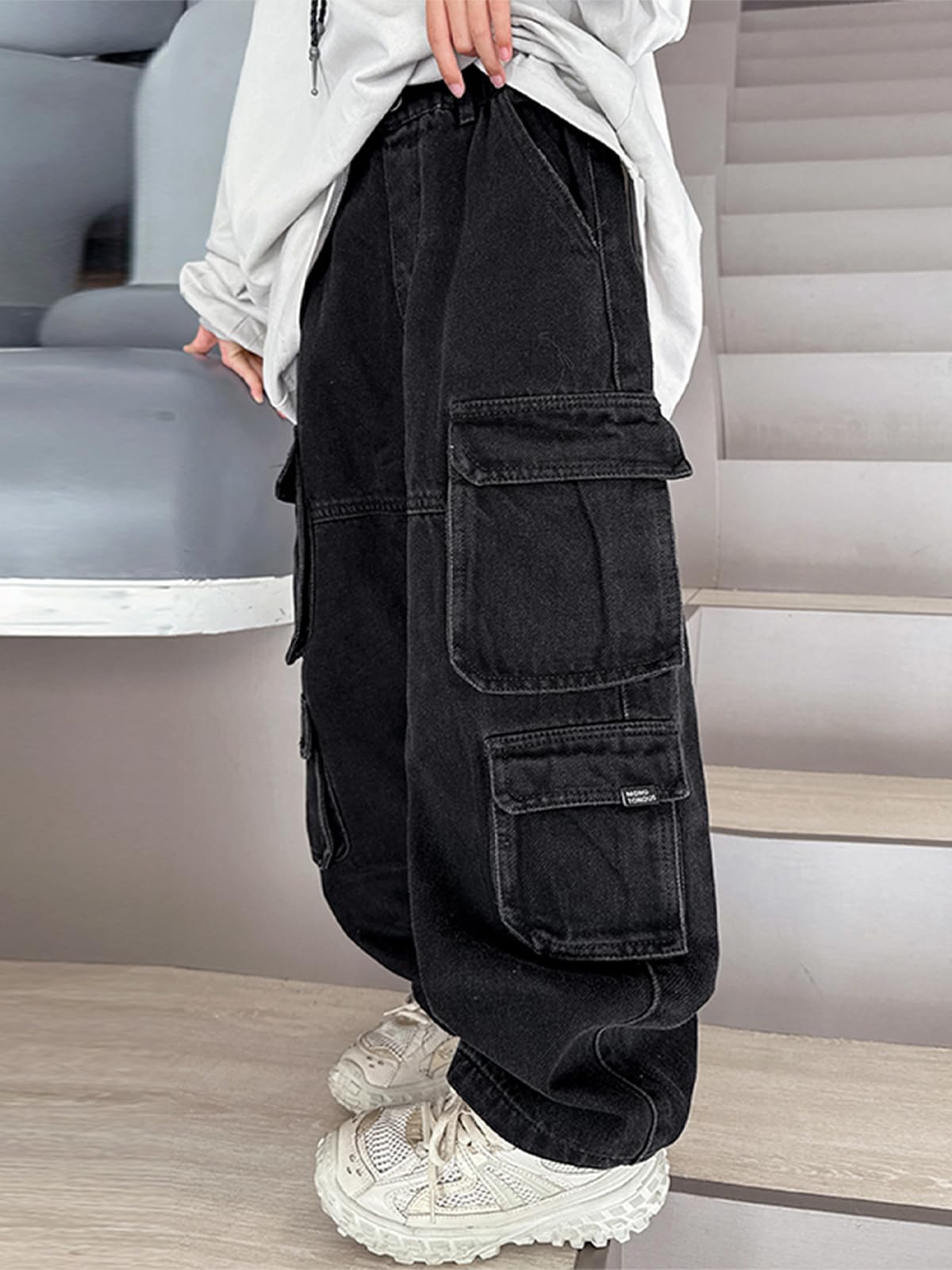 Rolanko Jeans Larghi per Ragazzi, Gamba Larga Vita Elastica Pantaloni Cargo in Denim con Tasche per Bambini