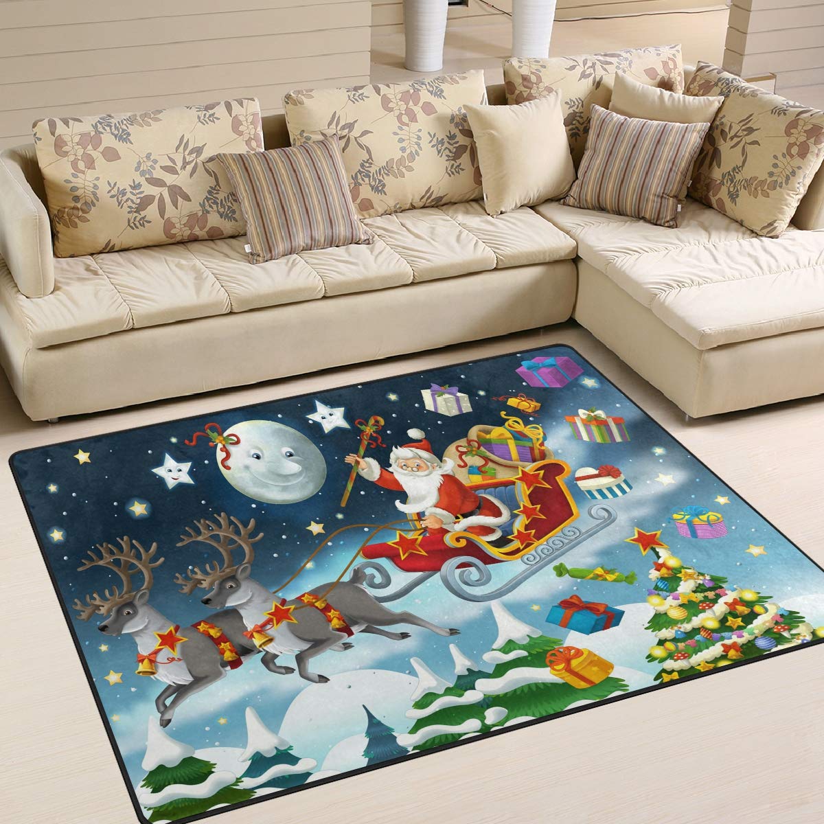 Mnsruu Tapis de Noël pour Salon et Chambre à Coucher Motif Père Noël, Tissu, Multicolore, 160cm x 122cm(5.3 x 4 Feet)