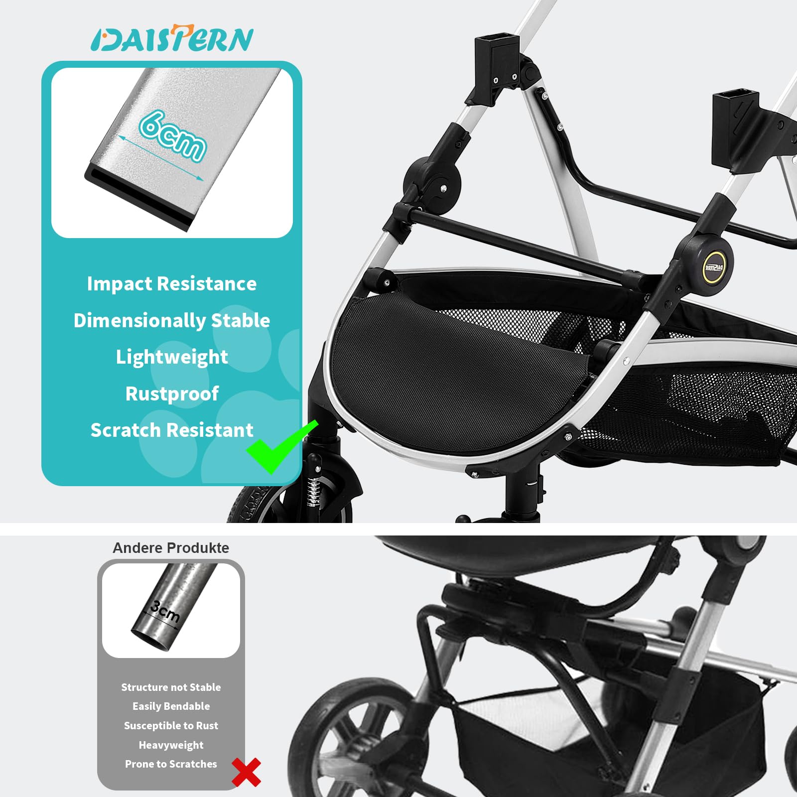 DAISTERN Passeggino per Cani 4 in 1 fino 25 Kg,Telaio in alluminio anodizzato 100% pieghevole,ruote gomma schiumosa 360°,Staccabili,adatto per cani e gatti di medie e piccole taglie, Grigio