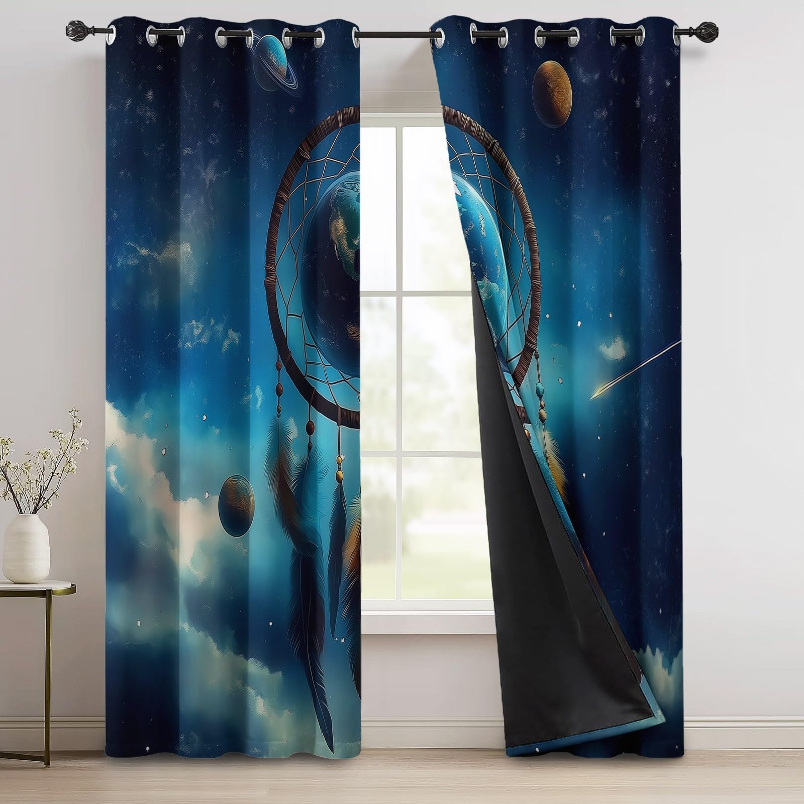 Fantasie Vorhänge mit Ösen, Verdunkelungsvorhang 2er Set - Traumfänger Erde Wolke Planet Muster Blickdicht Vorhang, Bunt Thermovorhang für Deko Wohnzimmer Schlafzimmer, H214 x B132 cm