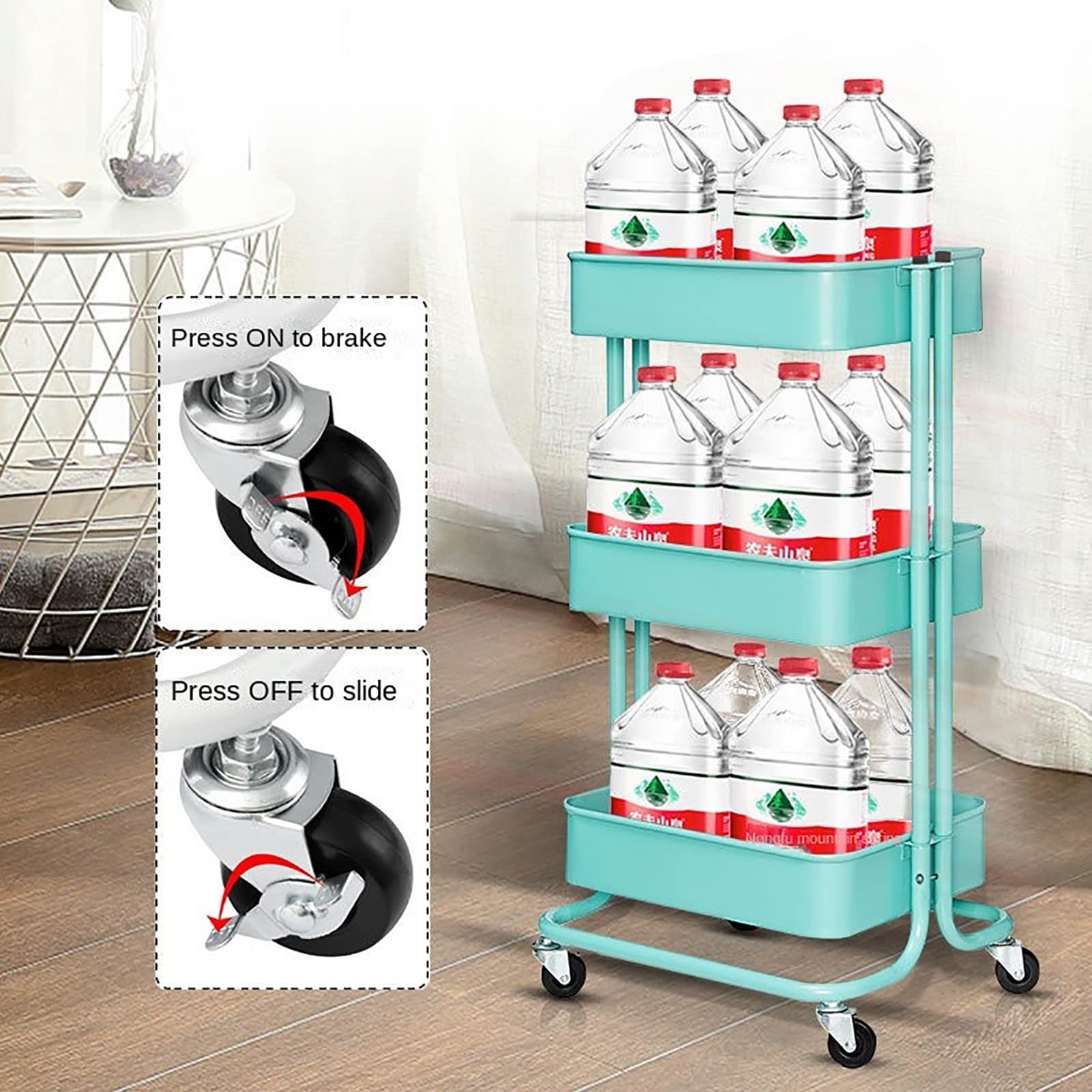 Carro utilitario de almacenamiento con ruedas, carro rodante de 3 niveles, estantes de almacenamiento móviles para oficina, garaje, cocina, hogar, baño,Azul