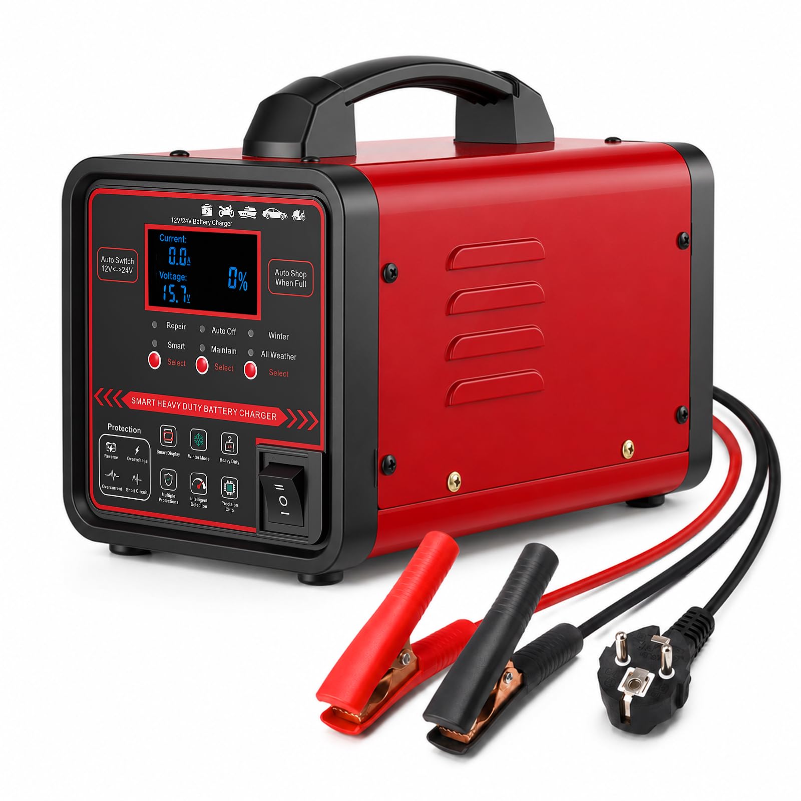 12V/24V Chargeur Batterie Voitures, Maintien de Charge Batterie Automatique Intelligent, 0-15A écran LCD Chargeur Batterie avec Réparation, Mode Hiver, pour AGM Voiture Camion Moto