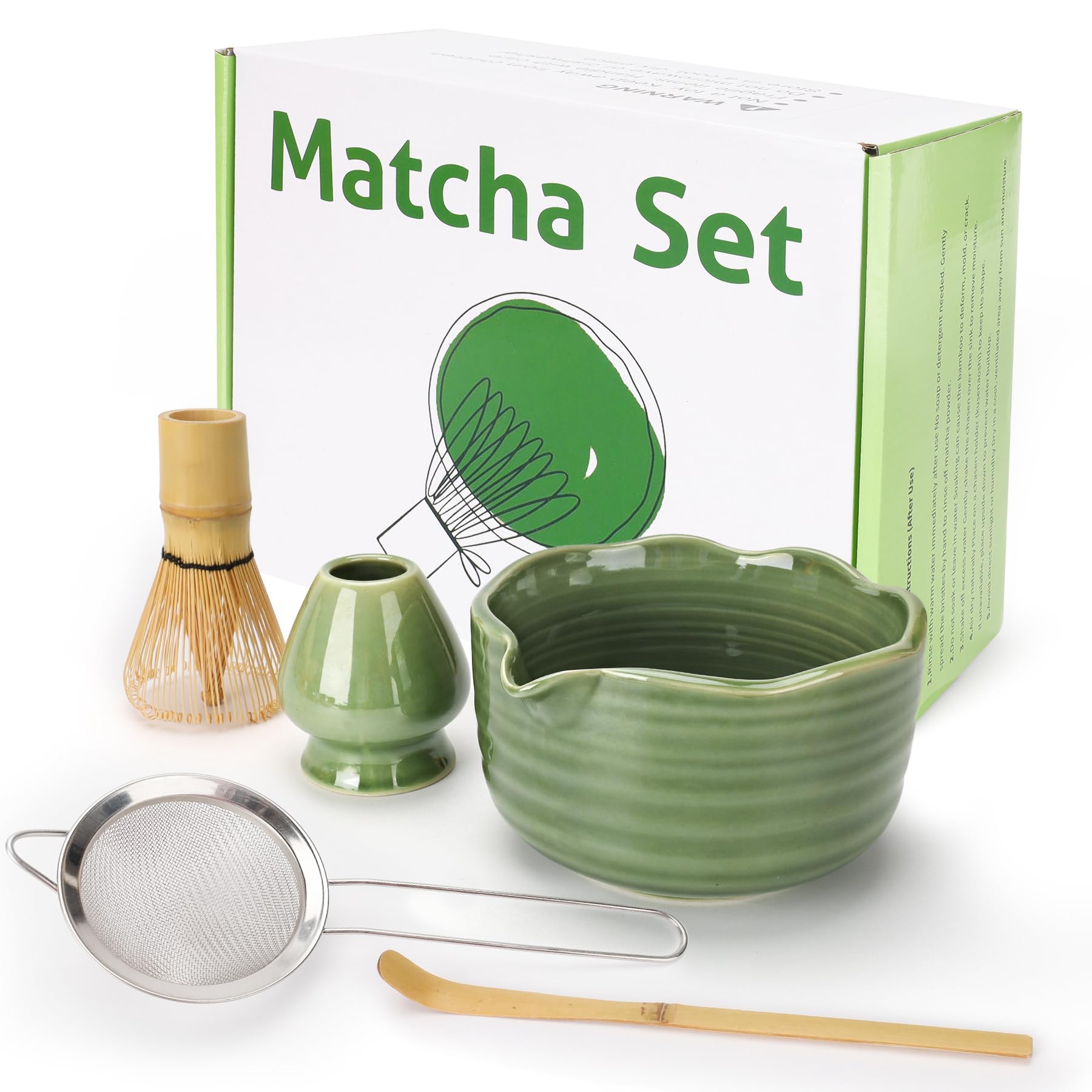 5 Stück Matcha Set mit Matcha Besen, Porzellan Matcha Schale und Besenhalte, Sieb und Löffel, Geschenk für Matcha-Liebhaber, Grün