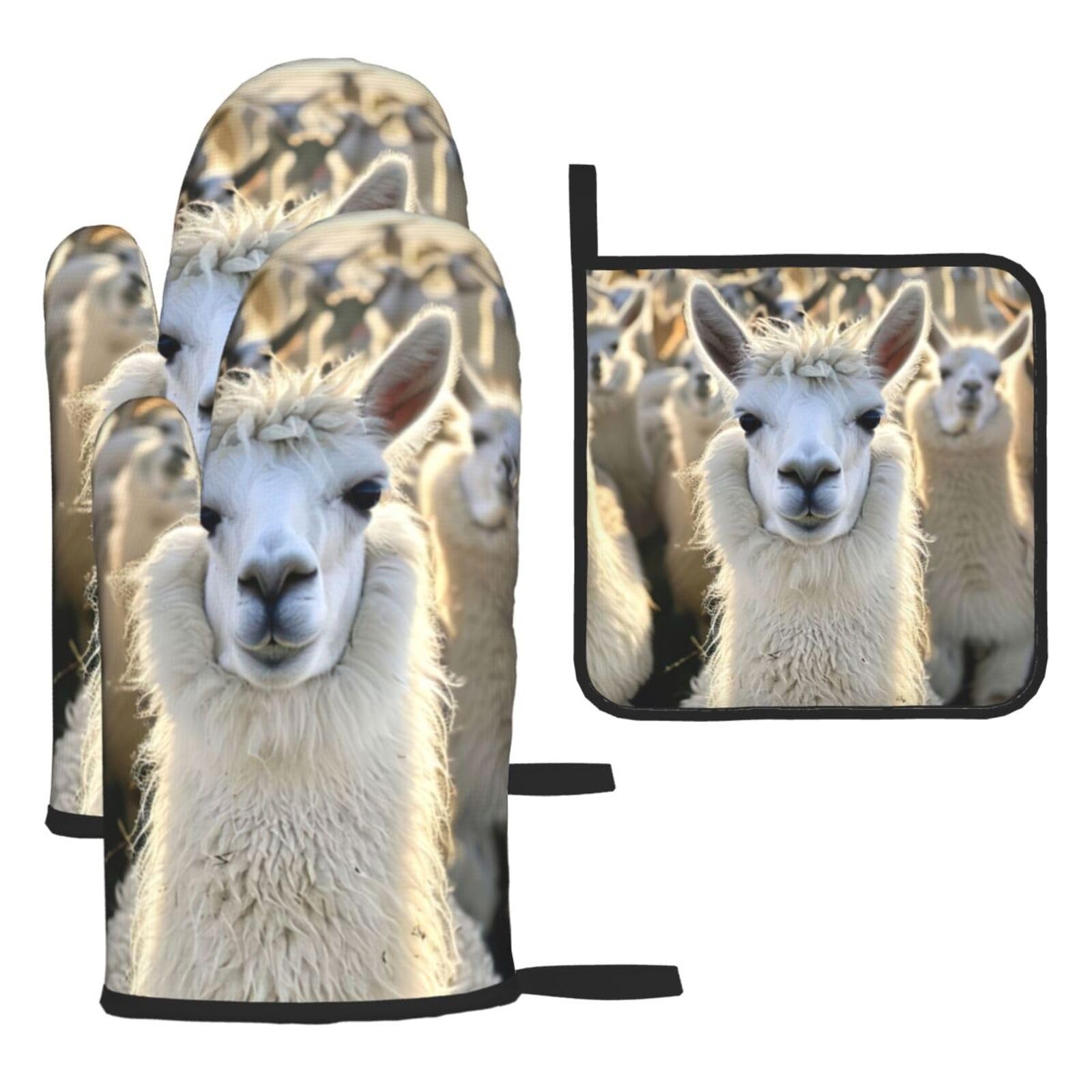 Cute Llama Print Oven Kitchen Gloves For Baking Outdoor Grilling Home Use Mitts Microwaving Bbq