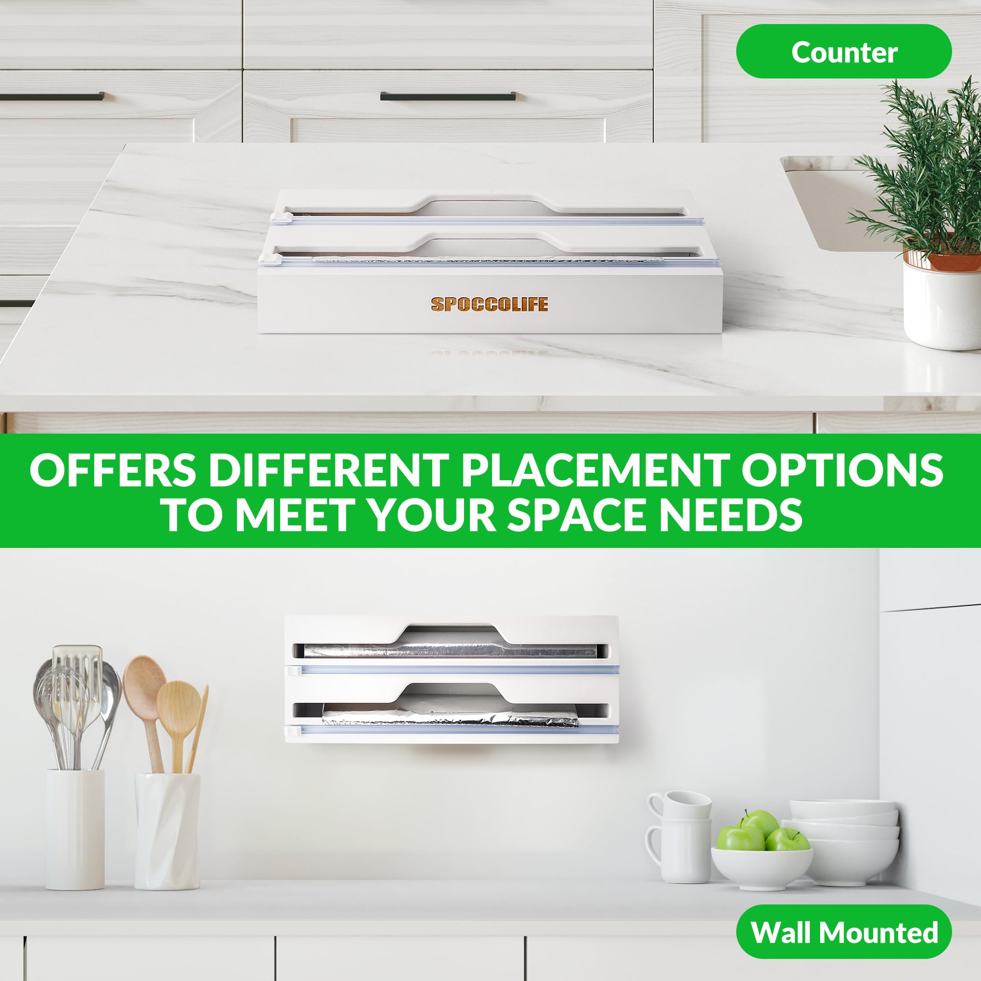 Dispensador y cortador de papel de aluminio y película adhesiva, compatible con rollos de 35 cm de ancho, organizador de papel de cocina para papel de pergamino (blanco)