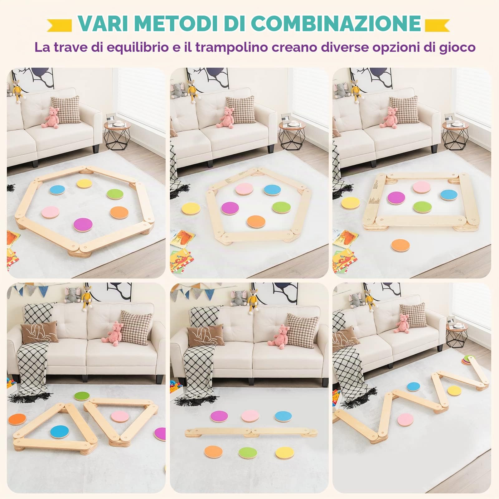 RELAX4LIFE 12 Pezzi 6 Pietre Miliari d’Equilibrio per Bambini con 6 Trave in Legno e 6 Connettori, Combinazione Libera, in Legno Naturale per Ginnastica ad Ostacoli, per Interni ed Esterni, 3-7 Anni