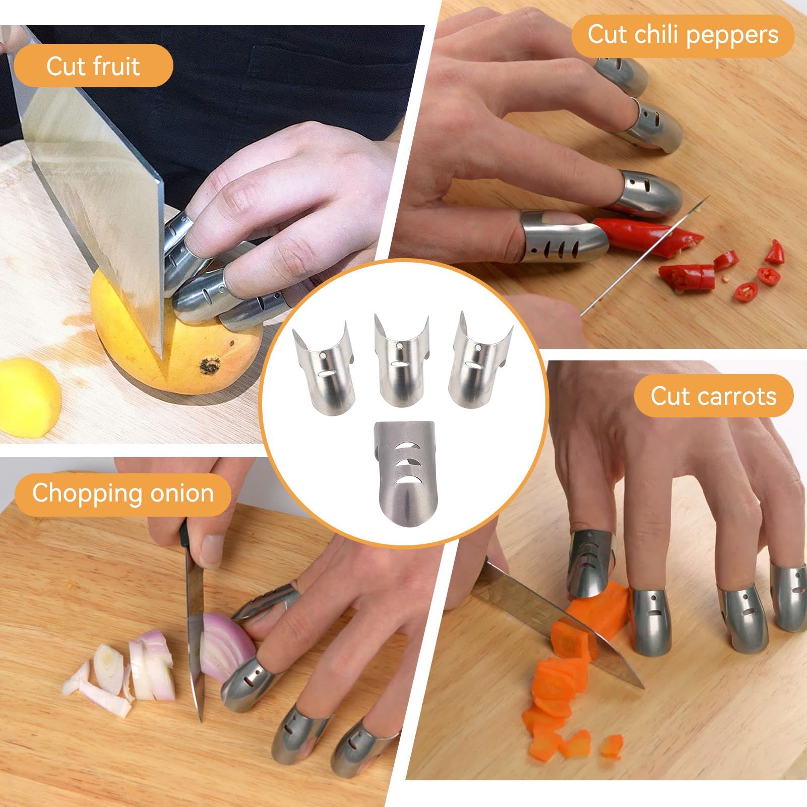 HERCHR 4Pcs protección anti-corte para las manos, Protector de protector de dedos para cortar verduras en rodajas Herramienta de cocina Acero inoxidable