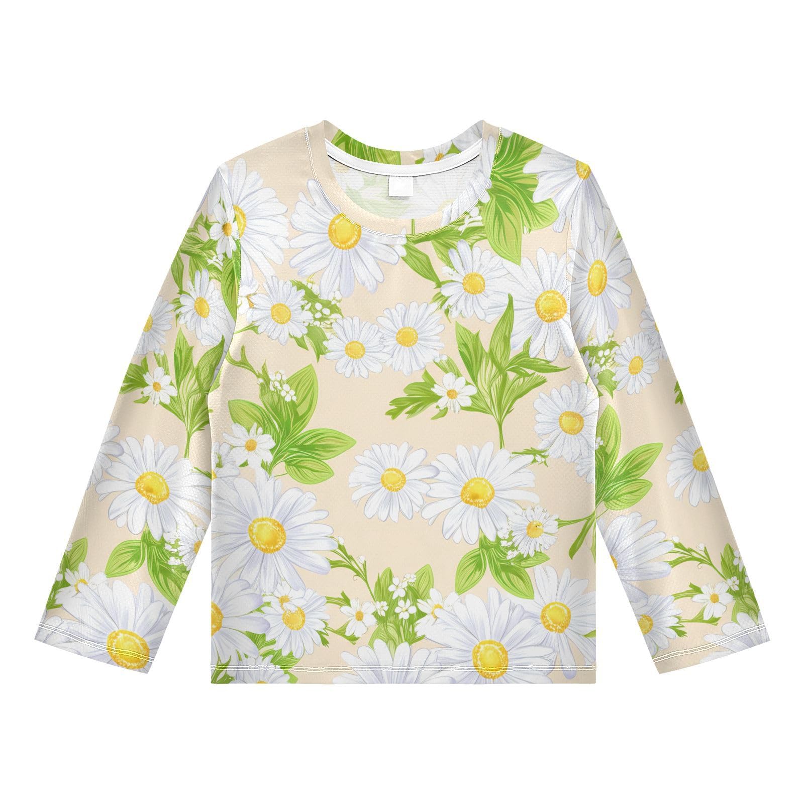 DOMIKING Daisy Floral Beige Boys Long Sleeve Rashguard Shirt Kids Quick Dry Swim Shirt for Running Swiming Pool 9-10T