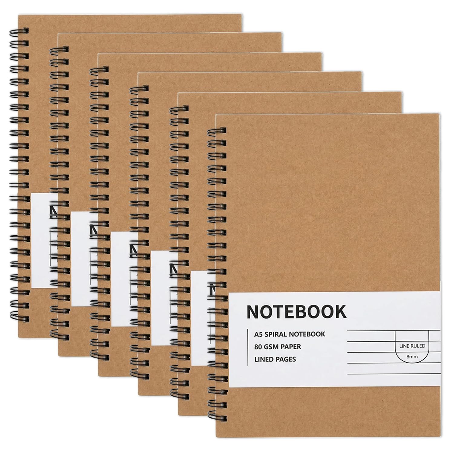 RICHER HOUSE 6 Pack A5 Line Notebook, 120 Pages Kraft Cover Spiral Notebook