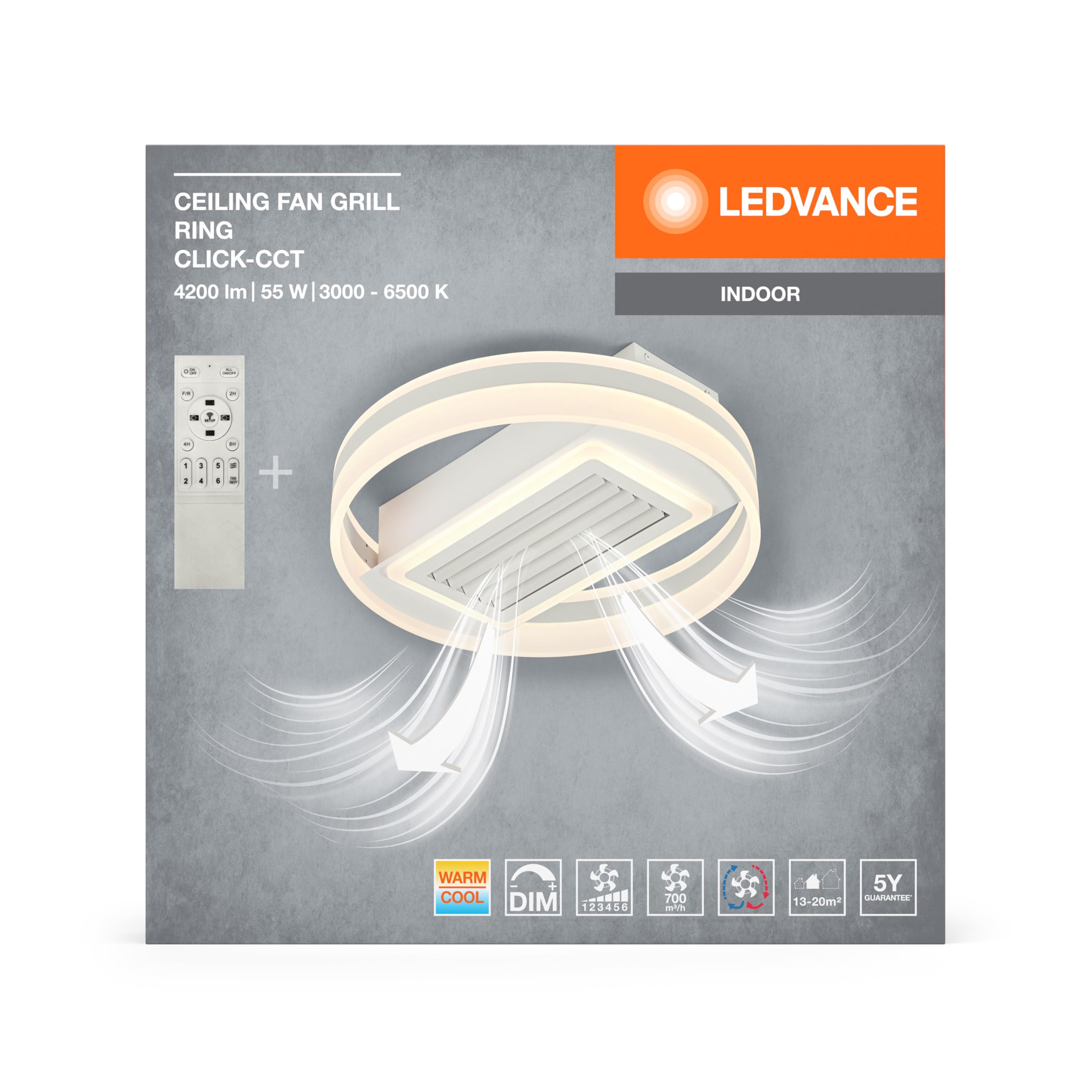 LEDVANCE Plafón/ventilador en forma de anillo; 55W; CCT; IP20 para uso | , Ceiling Fans with Lighting, 500.00 Millimetres dia, 30000 Hours, Paquete de 1