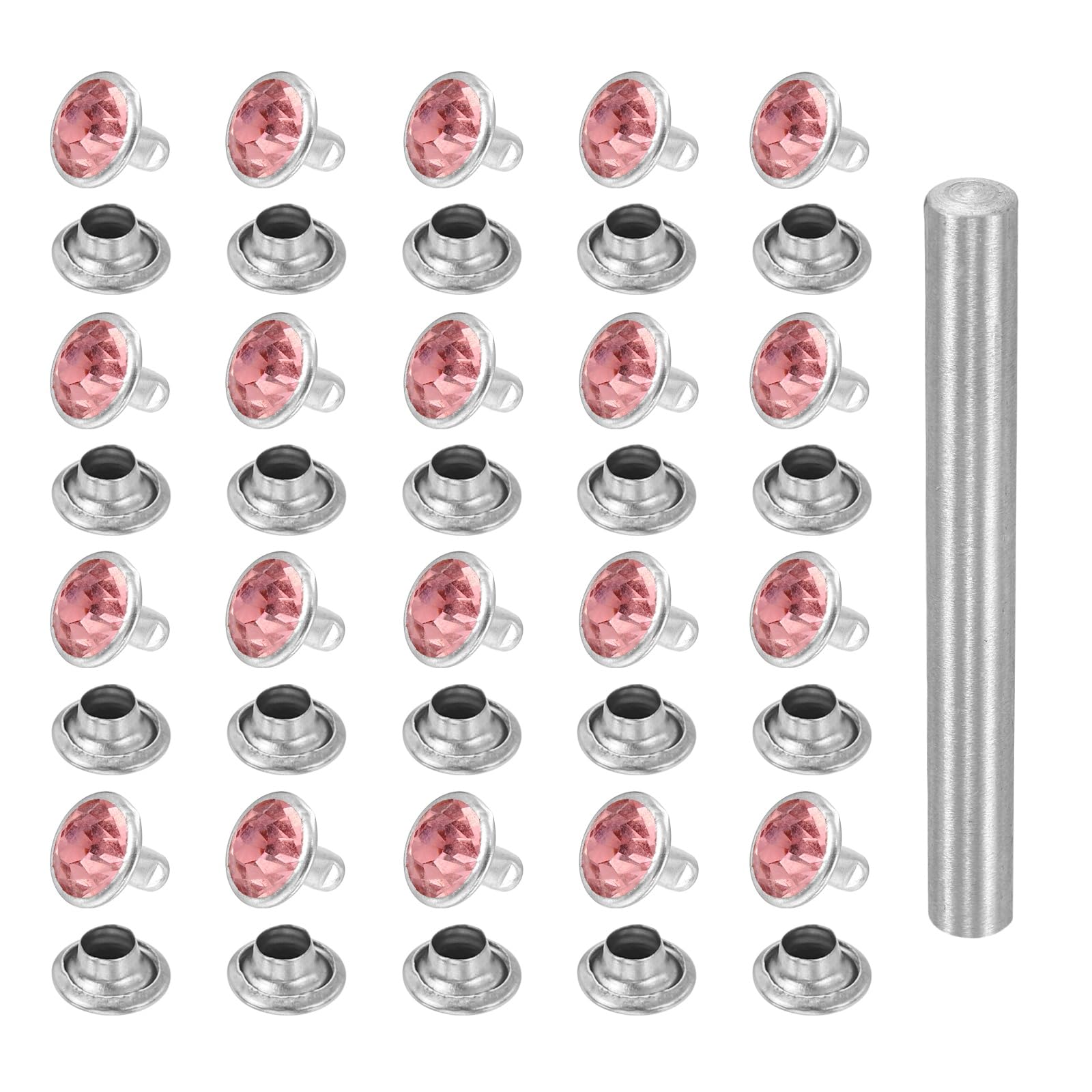 sourcing map 100pcs Crystal Rivets 8mm Rhinestone Rapid Stud Rivets with Steel Installation Tool for Clothing Leather Fabric Arts Crafts Decoration Leathercraft DIY, Silver Pink