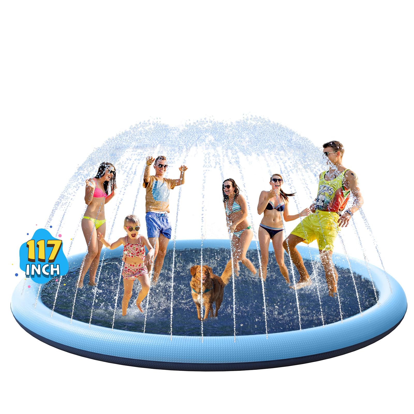 VISTOP Non-Slip Splash Pad for Kids and Dog, Thicken Sprinkler Pool Summer Outdoor Water Toys - Fun Backyard Fountain Play Mat for Baby Girls Boys Children or Pet Dog (117 inch, Blue&Blue)