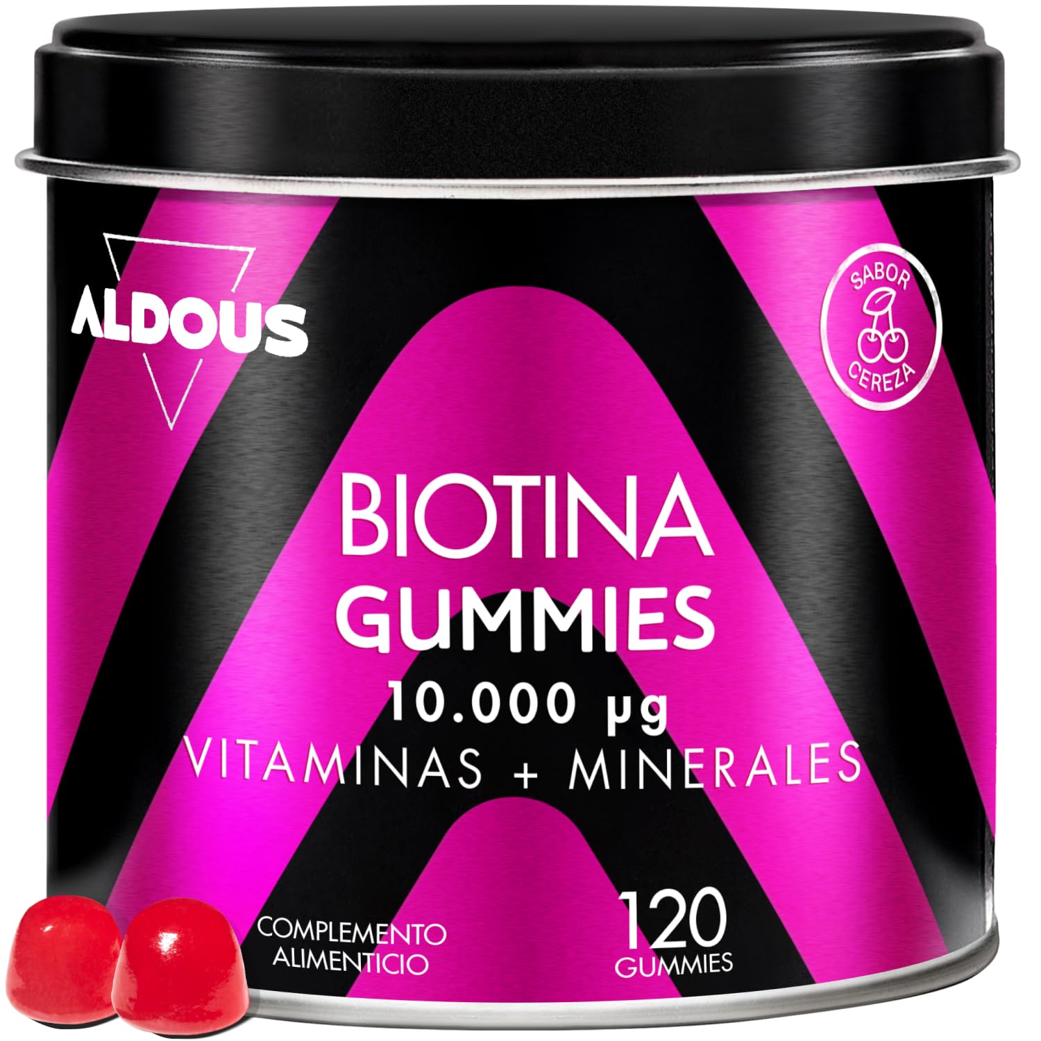 Biotina Capelli 10000 mcg - 120 Caramelle Gommose gusto Ciliegia - Integratore per Capelli, Pelle, Unghie - Acido folico, Zinco, Selenio, Iodio - Vitamine per Capelli - Vegan - ALDOUS