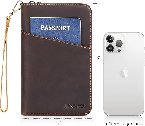 Miniatura 4 de Polare - Funda de piel de grano completo para pasaporte de viaje, con bloqueo RFID, organizador de documentos de viaje, 2 pasaportes con cremallera
