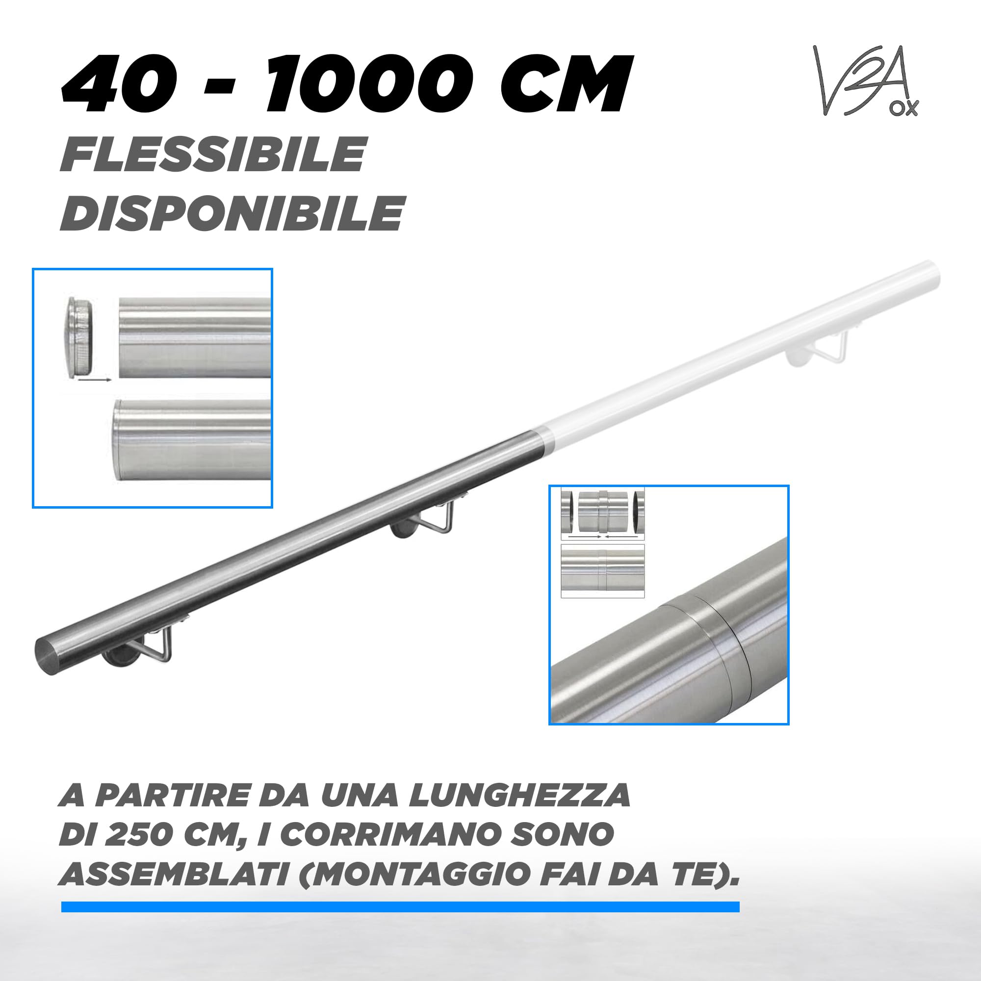 Corrimano scala Acciaio inox AISI 304 Ringhiera diametro 42mm V2Aox 40-1000 cm, Lunghezza:350 cm