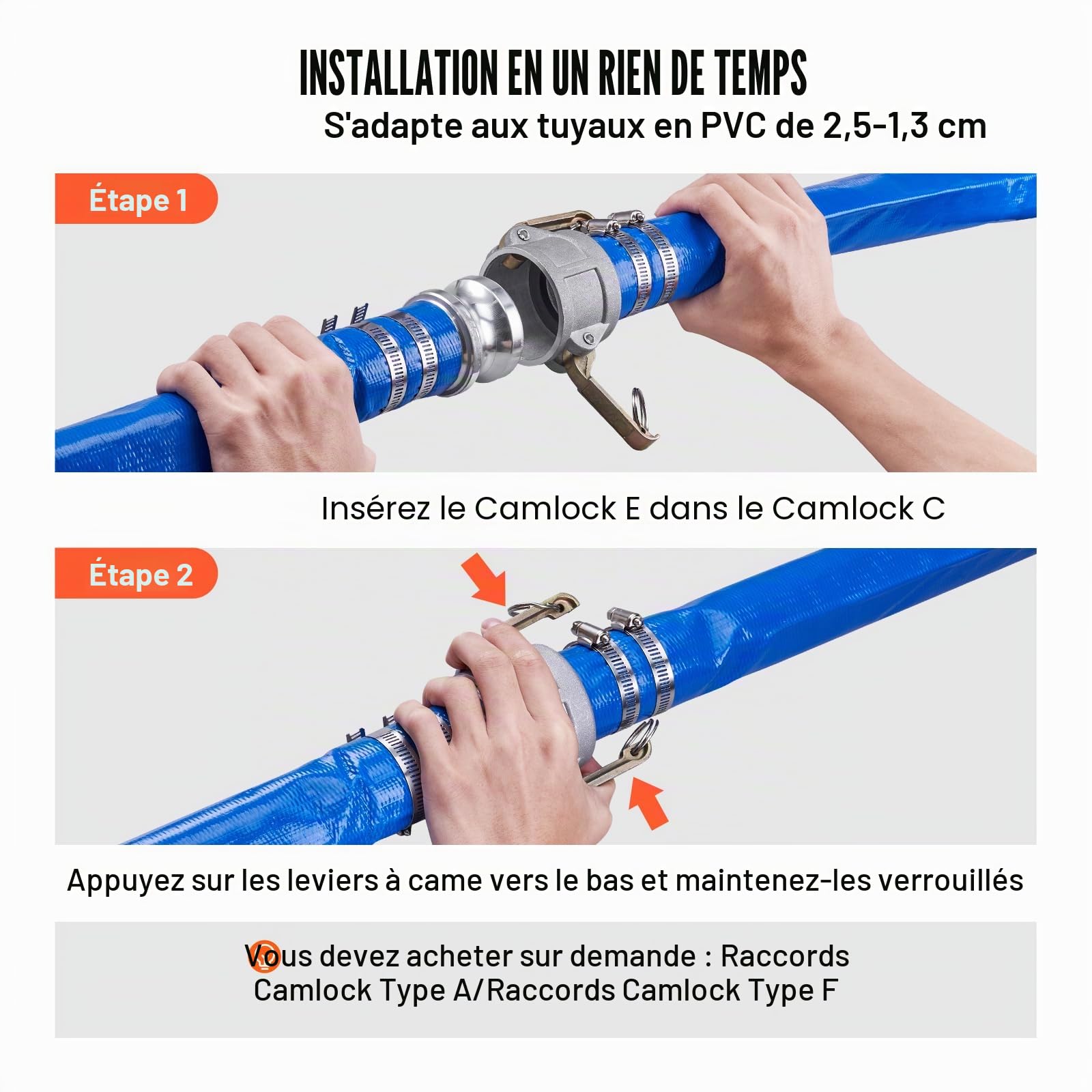 VEVOR Tuyau de lavage à contre-courant, 2 po x 50 pi, tuyau de décharge plat en PVC robuste avec raccords Camlock C & E en aluminium, pinces, compatible avec les pompes, filtres à sable, pour vidange