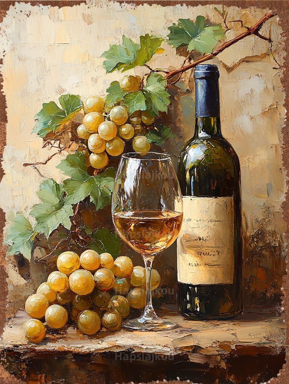 Hapsiajkou Oil painting of a glass and bottle of wine Fun metallic tin brand Vintage Rust Bar Home Men Cave Wall Art Bedroom decorated 12X16 inches