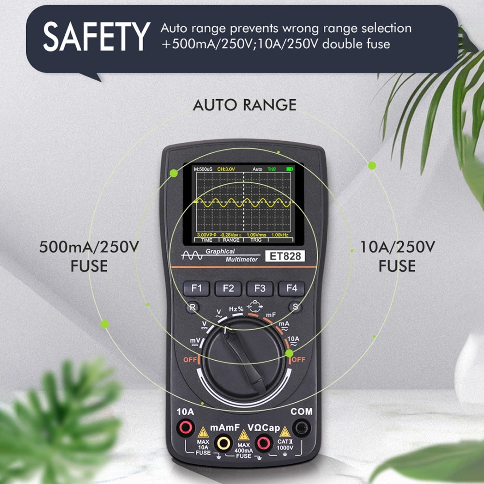 ET828 2-in-1 Digitales Oszilloskop mit 1MHz Bandbreite & 2,5Msps Abtastrate, 4000 Counts Multimeter, Auto Range, Datenspeicher für 100 Messwerte, Tragbares Testgerät für Elektronik und Industrie