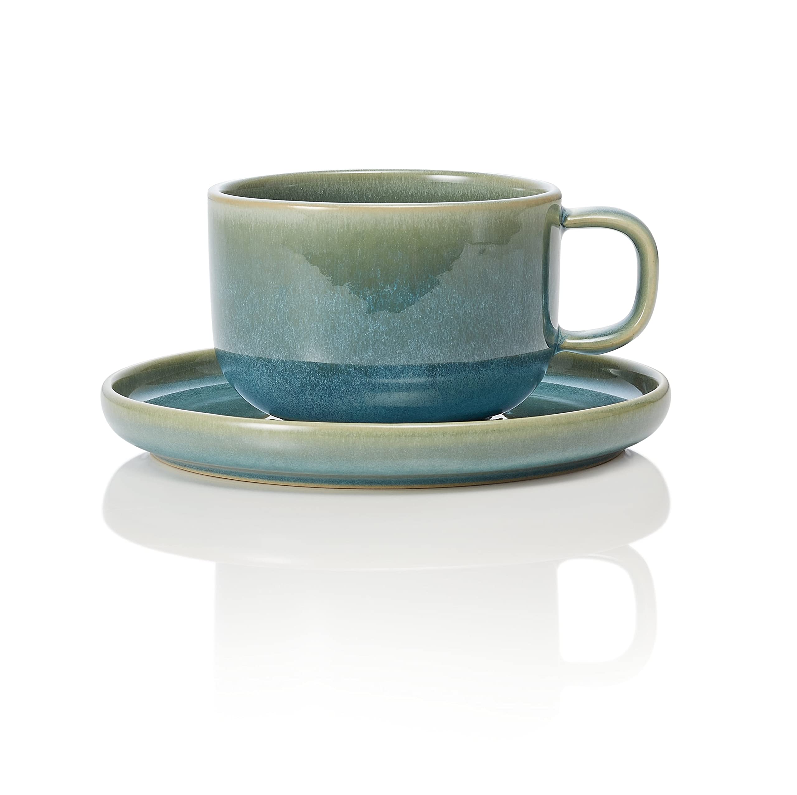 6 Espressotassen und Untertassen im Set - Steingut, spülmaschinenfest - Tassen aus umweltfreundlichen Rohstoffen - Grün - 9 cl - Unterteller 11,5 cm Durchmesser
