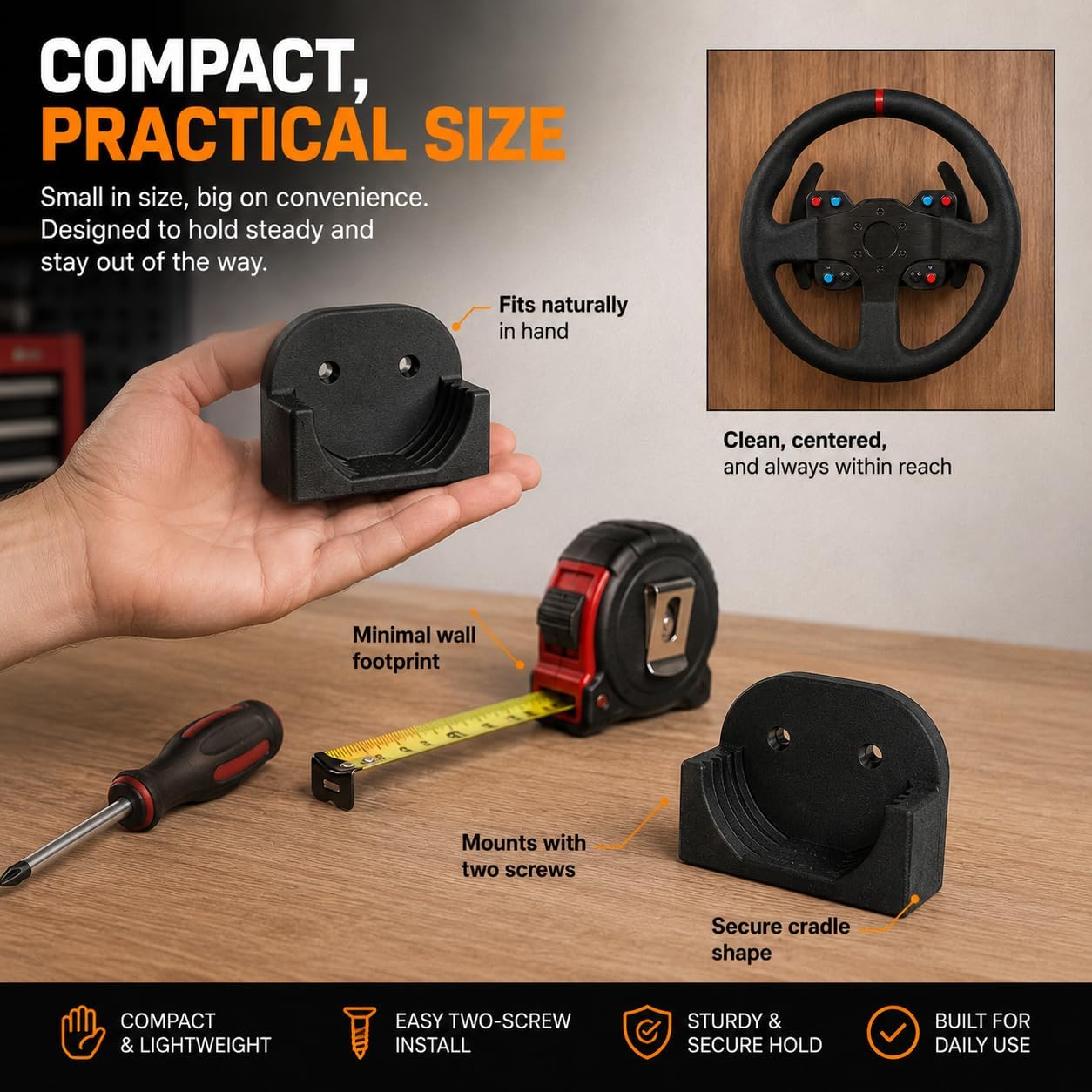 SplashNColor Wall Mount Bracket for Thrustmaster Racing Sim Steering Wheel – Secure Hang and Display Storage | Space-Saving Garage Workshop Organizer | Contoured Cradle Holder for