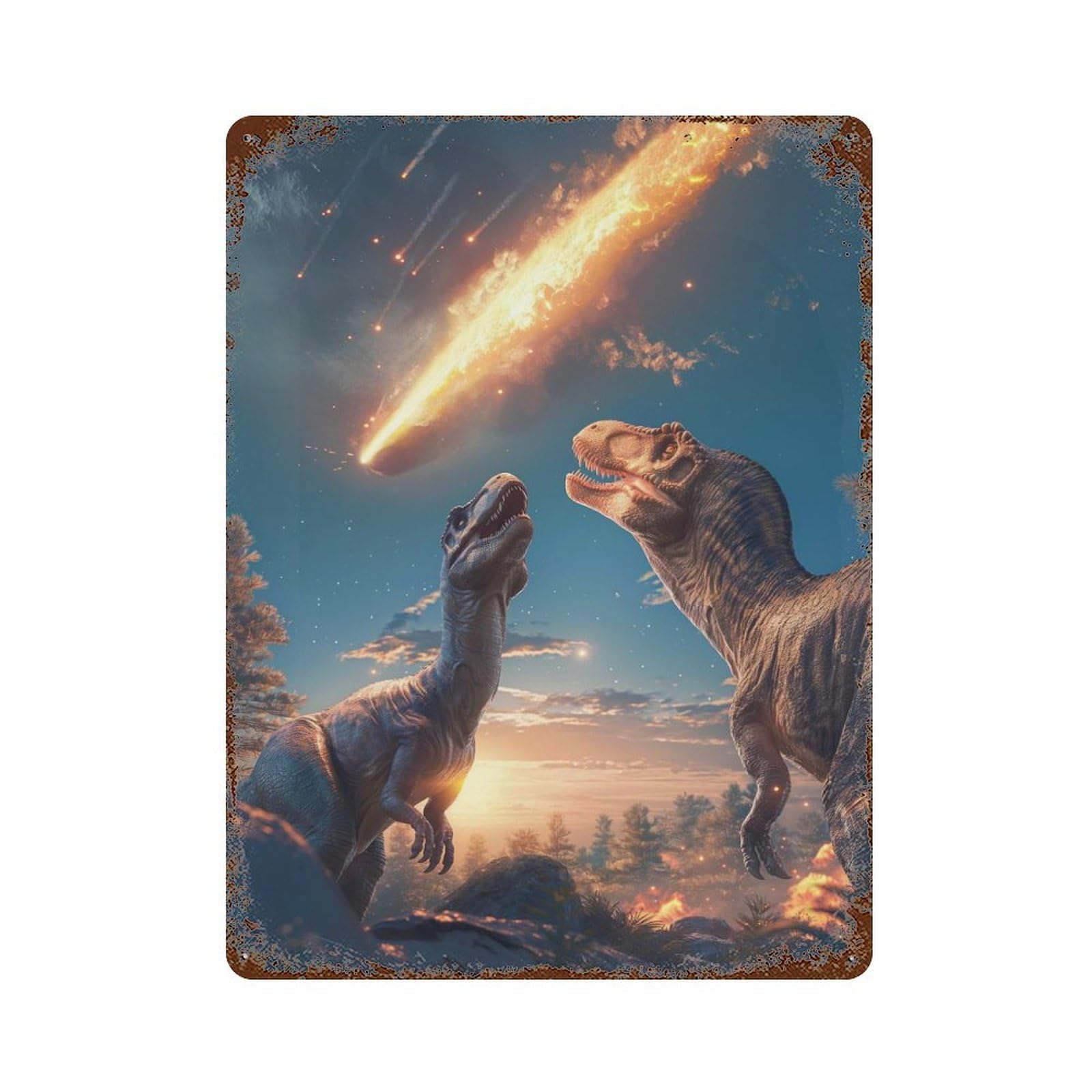 Dinosaurs Looking Up at A Meteor Aged Metal Wall Plaque 15.7"x11.8", Decorative Metal Wall Art for Garage, Pub Or Kitchen