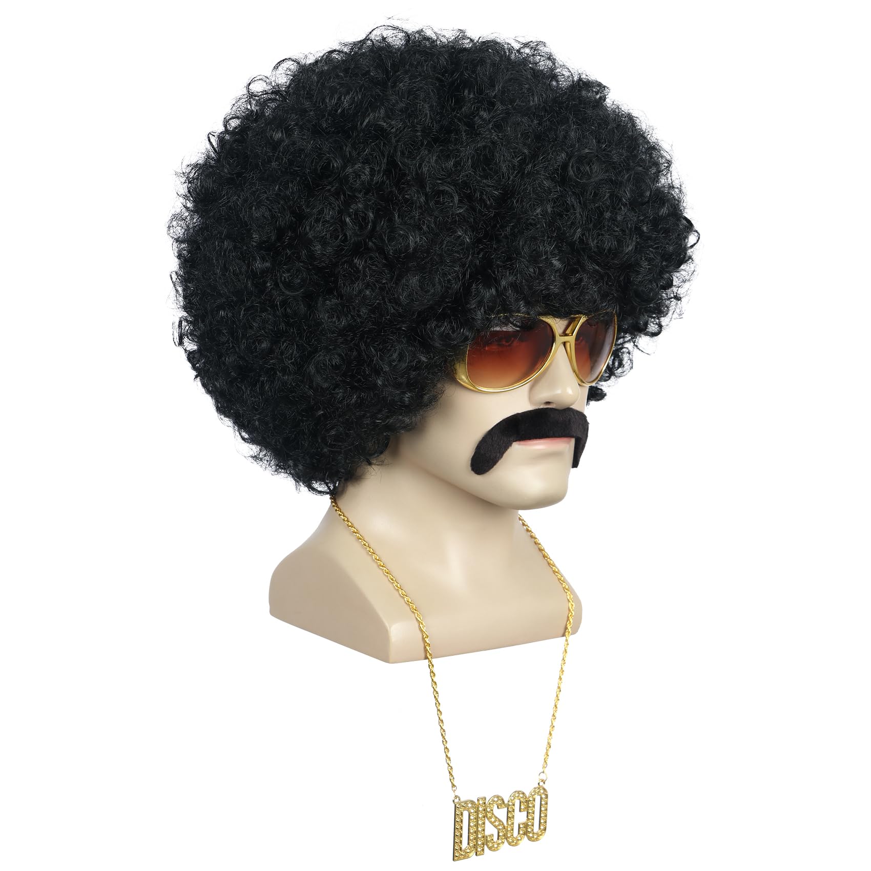 Yuehong Short Black Curly Fluffy 70s Afro Wig 80s Disco Rocker Wig Heat Resistant Synthetic Fibers Durable Breathable Costume Hair for Unisex with Mustache Necklace and Glasses - Image 3