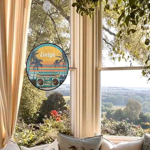 Miniatura 5 de Retro Boombox Suncatcher with Custom Name, Vintage Style Music Sun Catcher for Windows, Personalized Sunset Scene Window Hanging, Gifts for Music