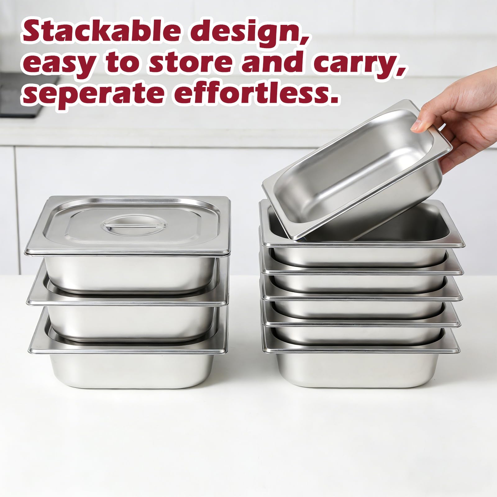Paquete de 4 sartenes Gastronorm de 1/2 con tapas, 325 x 265 x 65 mm, recipientes de acero inoxidable para alimentos, 6,5 cm de profundidad, 1/2 GN, bandeja para cocina, hotel, restaurante