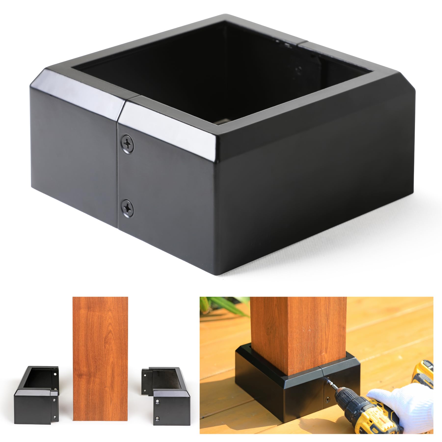 Prinfort 6"x6" (Actual: 5.5"x5.5") Deck Post Base Covers Aluminum, Split Style Post Base Trim Skirt Decorative Black 4Pack