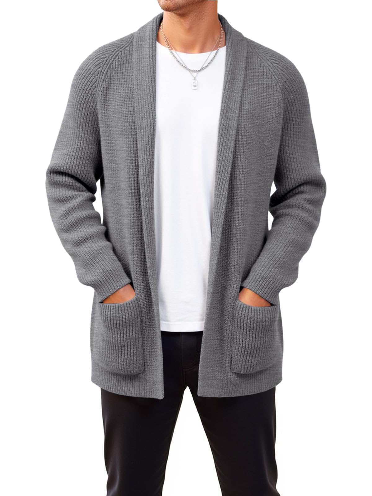 Runcati Men's Shawl Collar Long Cardigan Open Front Casual Knit Sweaters