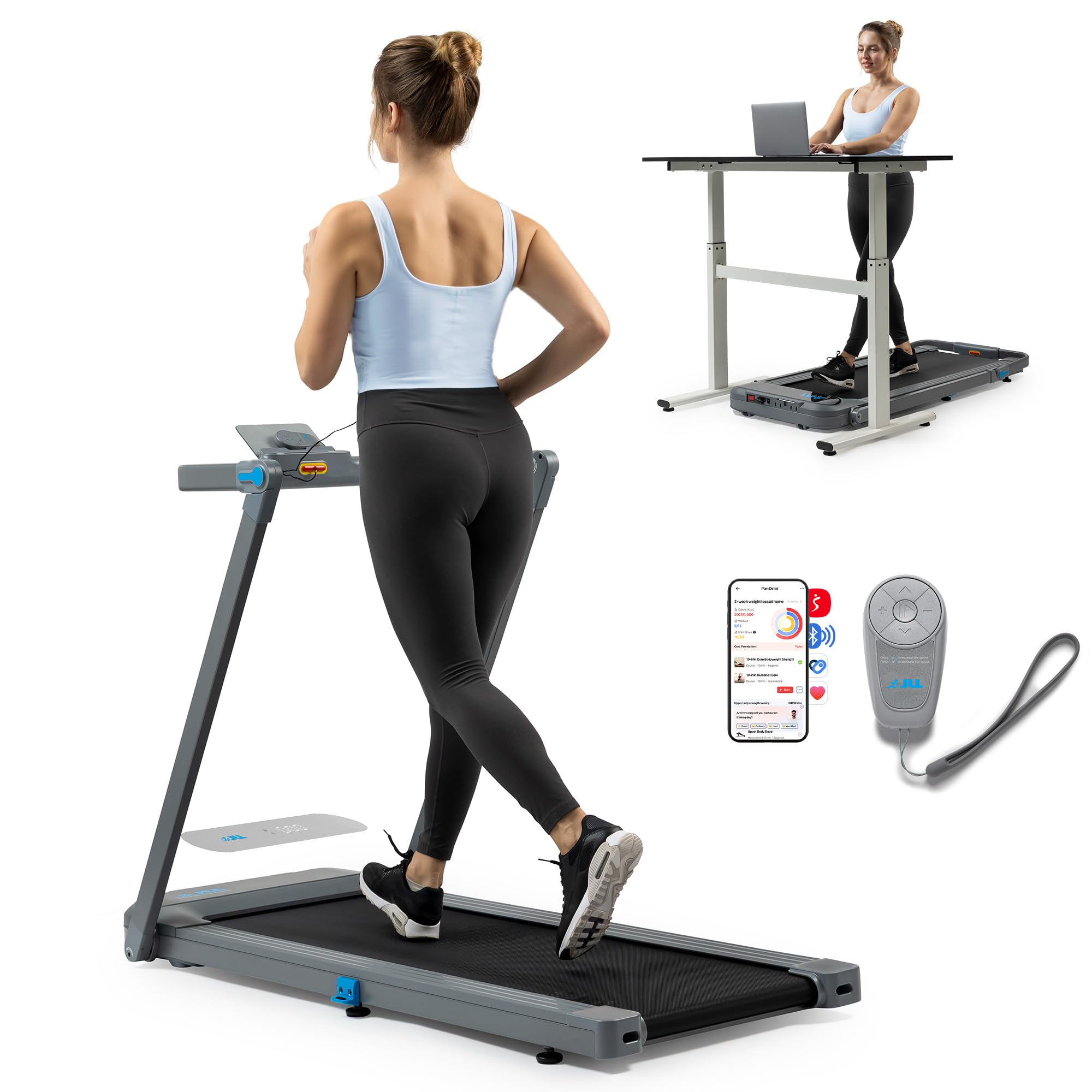 JLL Foldable Walking Pad, Under Desk Treadmill for Home Office 2-in-1 Walking Treadmills with Free SunnyFit App, Remote Control, Smart Bluetooth Running Machine