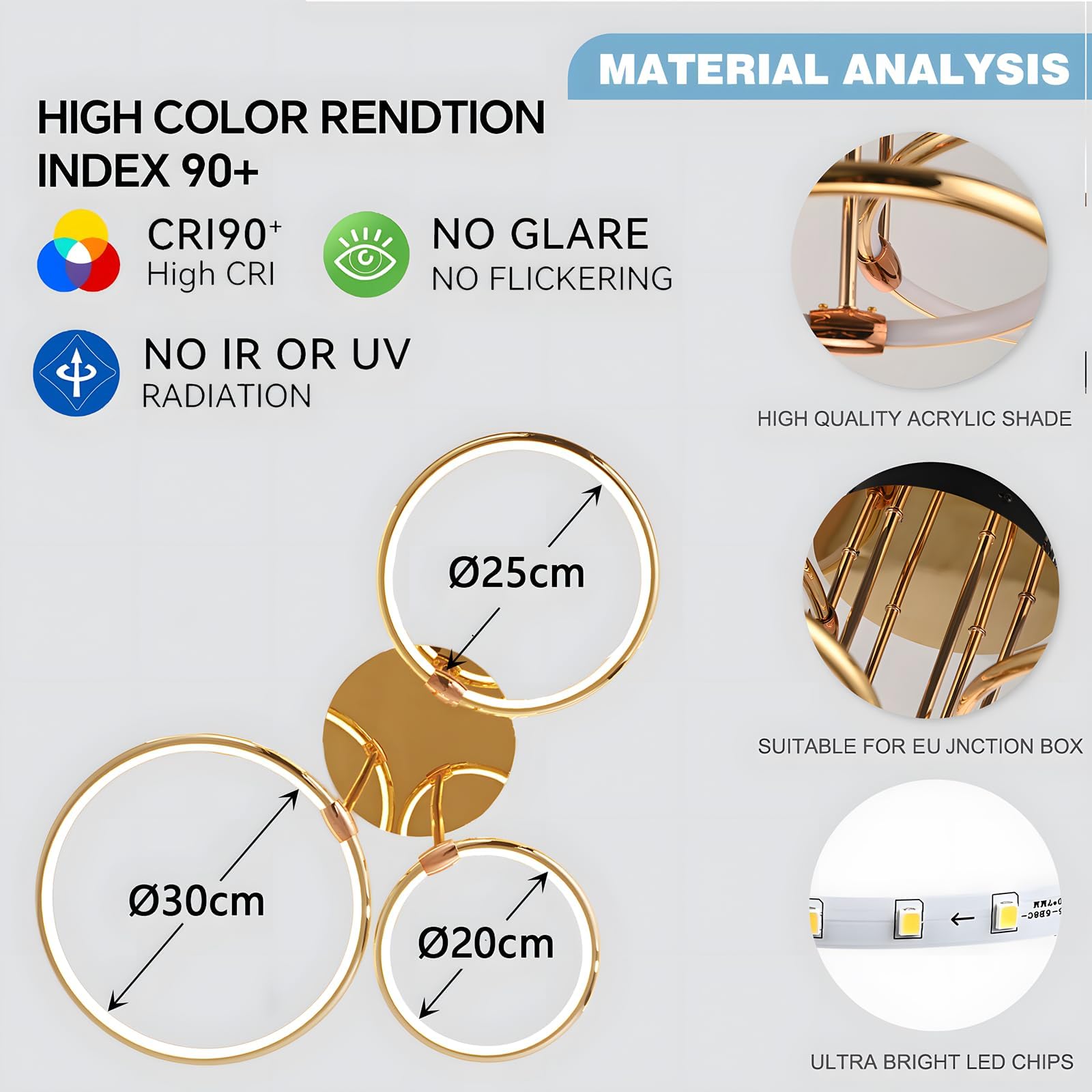 LED Deckenleuchte, Ø56cm Goldener Metallkreis Kronleuchter, 60W Stufenlos Dimmbar 3000–6000K Moderner Runder Galvanisierter Anhänger Schlafzimmer Wohnzimmer Kinder Büro Arbeitszimmer (3 Ringe)