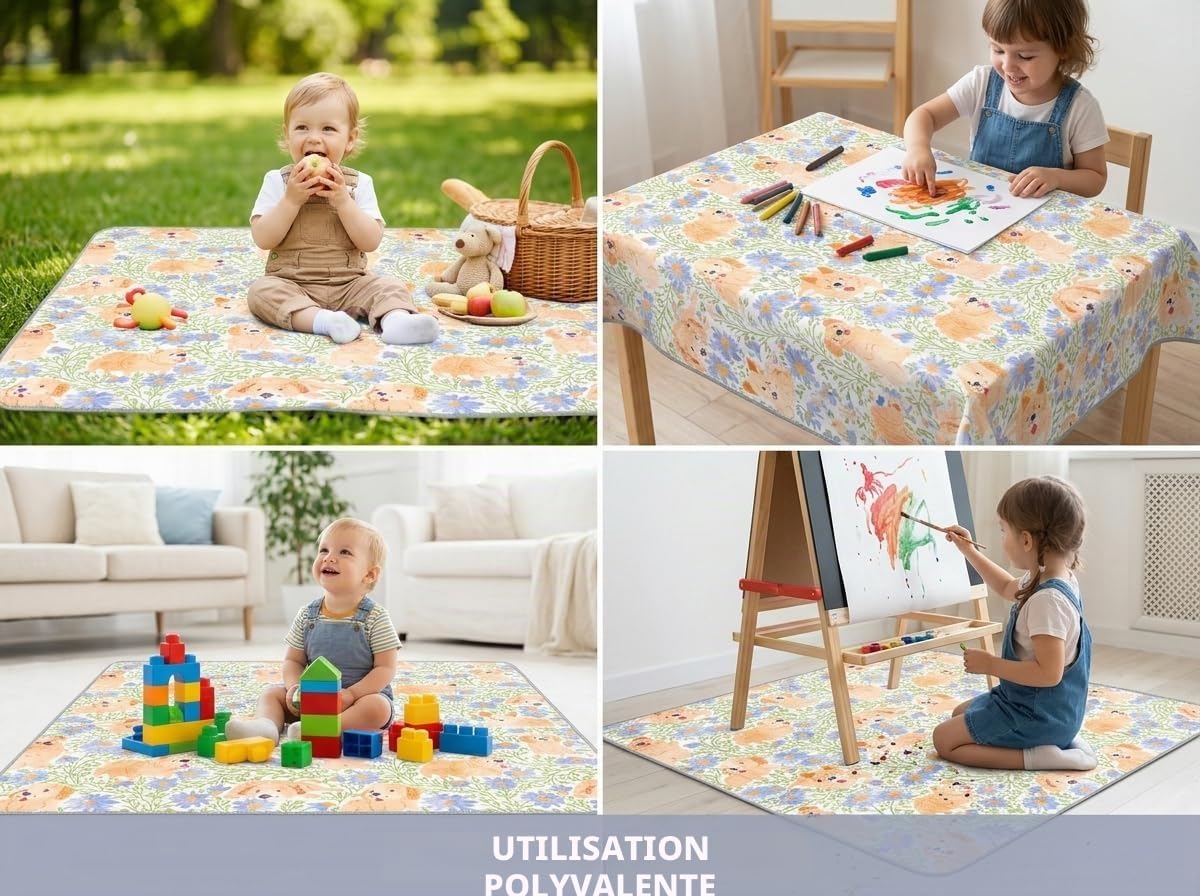 Splat Tapis pour dessous de chaise haute, arts créatifs, imperméable et antidérapant, lavable, 130 cm, réutilisable et nappe d'alimentation pour bébé (chien)