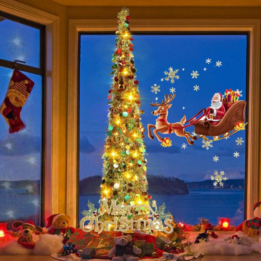 5ft Collapsible Artificial Christmas Tree,Sequin Pensil Tree for Apartment Home Office Store Holiday Decorations with 100 Color Lights Battery Operated 2 Modes