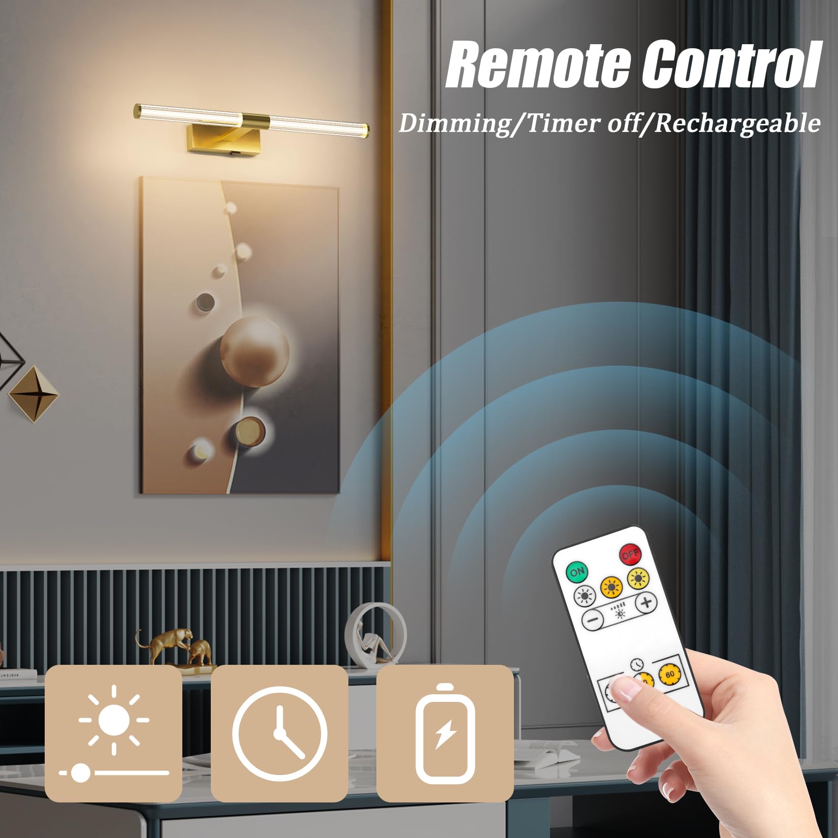 Coinmit Gold Wireless Picture Light, Battery Operated 23.6 Inches for Wall, Rechargeable With Remote for Display Art Work