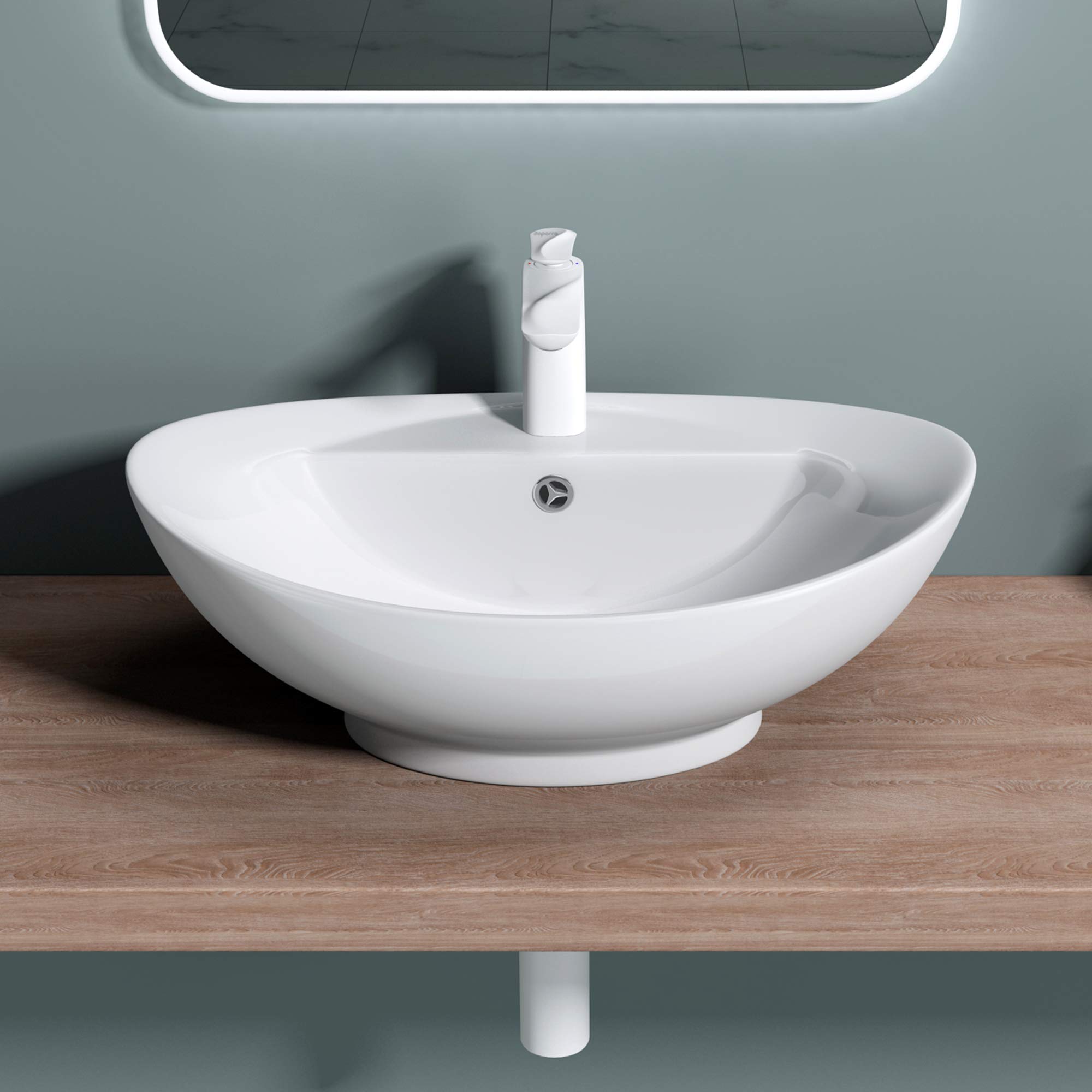 doporro Lavabo da Appoggio in Ceramica Bianco Lucido, Lavandino Bagno Moderno con Foro Rubinetto e Rivestimento Nano 59x39x21 cm Brüssel302