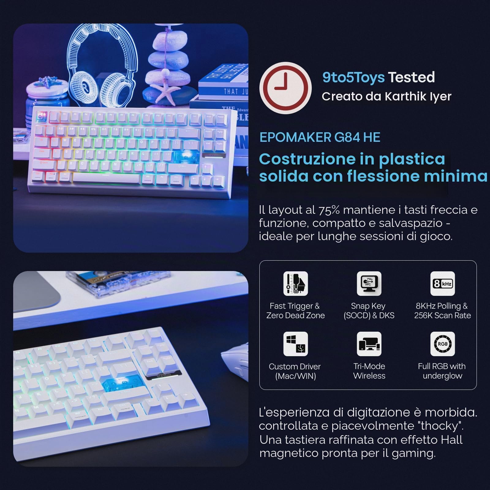 EPOMAKER G84 HE Tastiera da Gioco Wireless, 8K Polling & 8000mAh, SOCD & DKS, Tastiera ad effetto Hall con Trigger & Adjustable Actuation, RGB Backlit, PBT Keycap, Hot-Swap, per WIN/Mac (Bianco)
