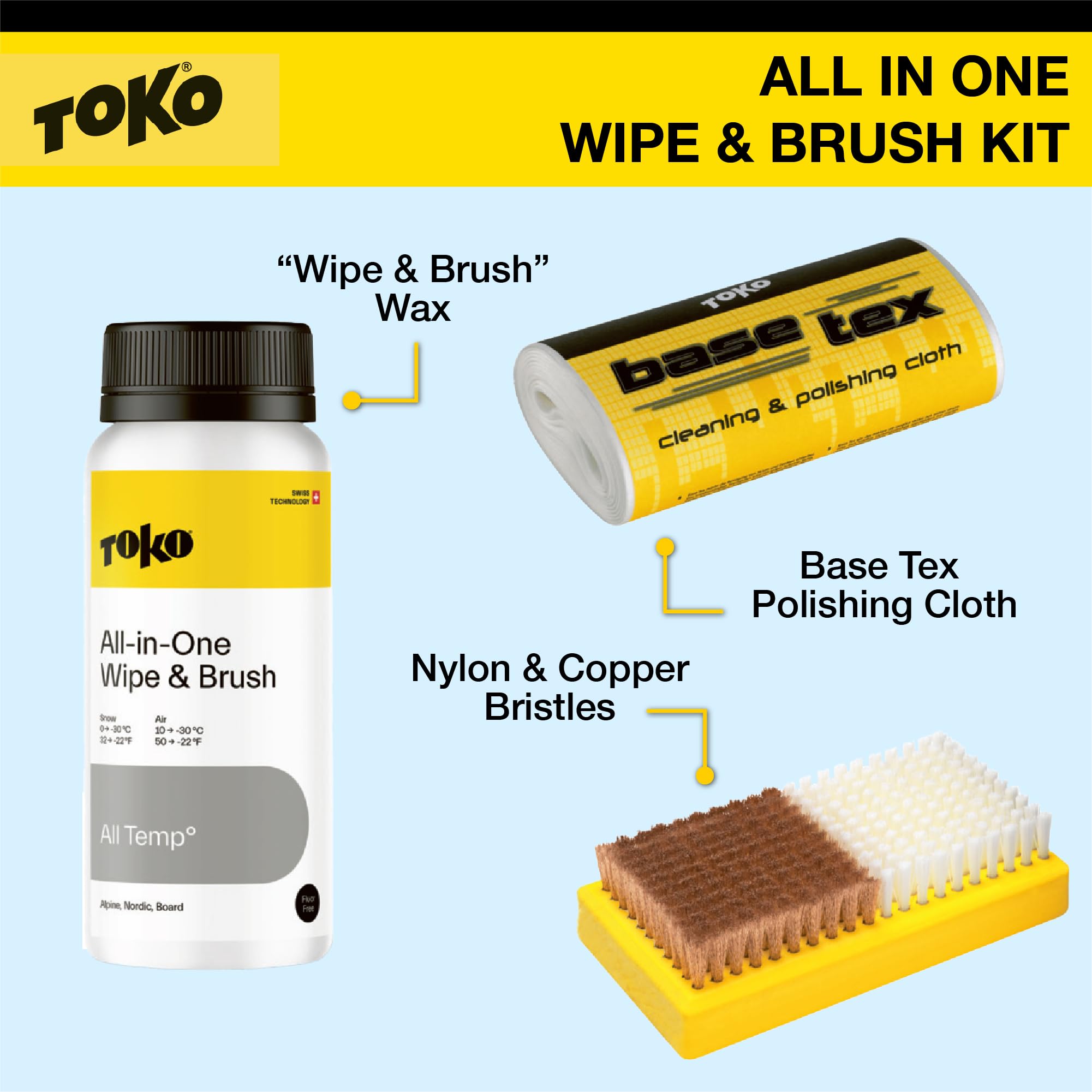 TOKO All-in-One Wipe & Brush Kit - Ski & Snowboard Wax & Care Kit - No Iron Needed - 250 ml