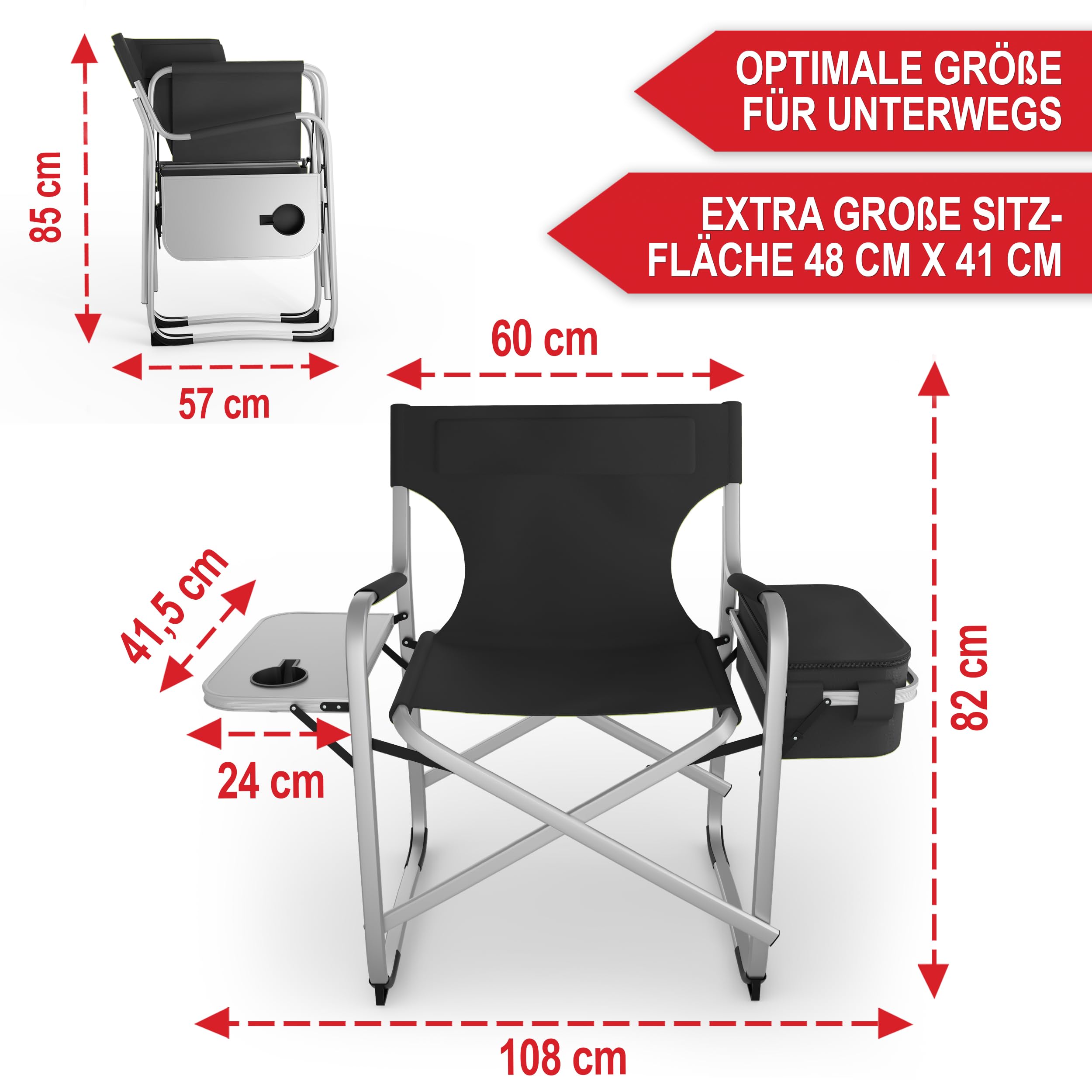 Onbest Campingstuhl faltbar – mit Kühlfach & Klapptisch, Schwarz | Bequem gepolsterter Klappstuhl bis 150 kg mit Getränkehalter & Tasche – kompakter Faltstuhl für Camping, Outdoor und Garten