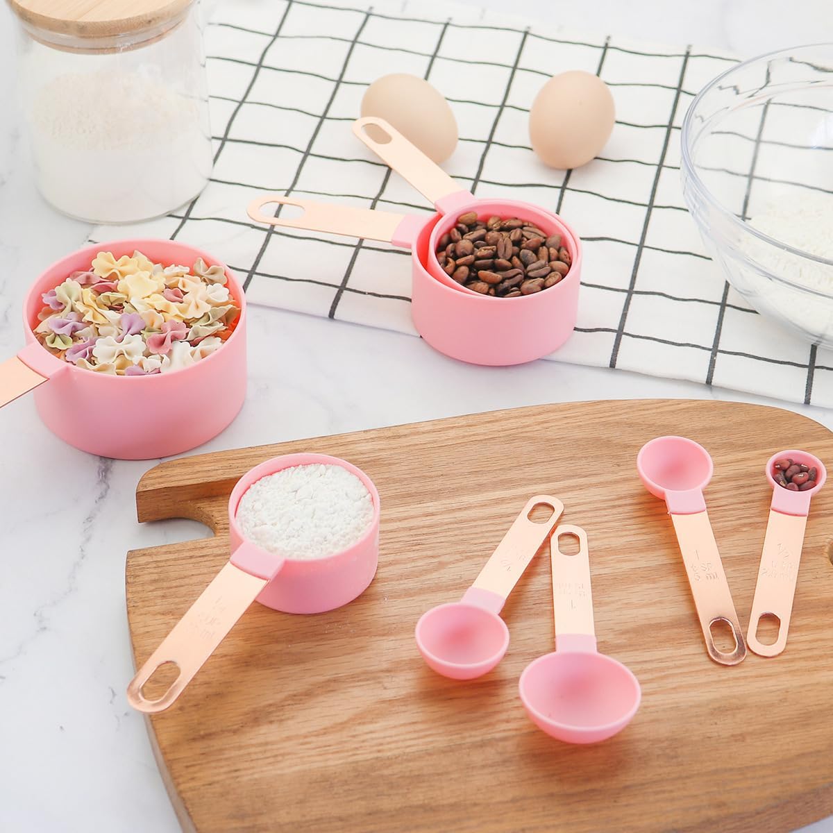 8 Pcs Measuring Cups and Spoons Set, 4 Measuring Cups / 4 Measuring Spoons, Measuring Spoons Set with Engraved Scale for Liquid & Dry Ingredients (Pink)