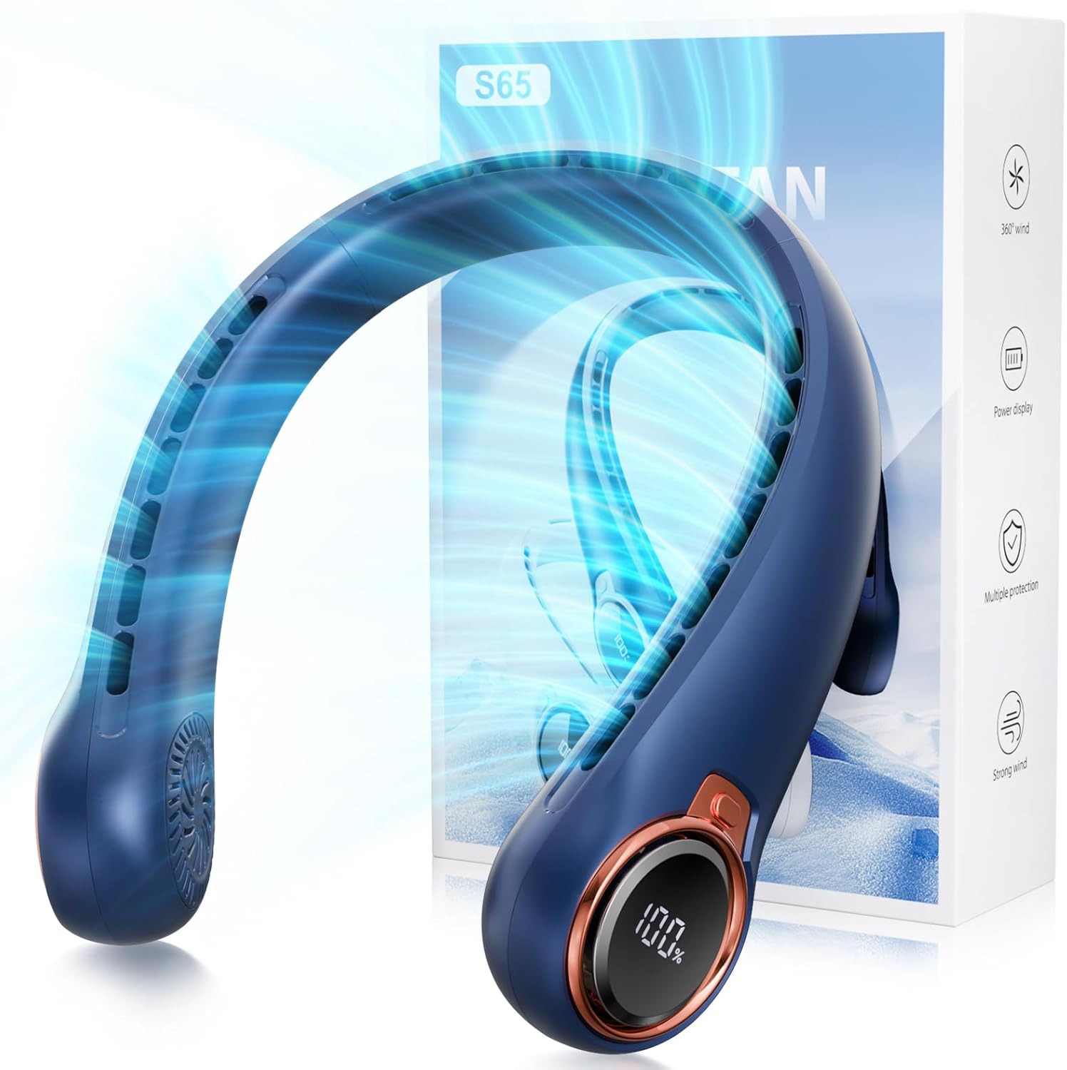 Portable Neck Fan with 6000mAh USB – Rechargeable Battery, Ultra-Light Bladeless Neck Fan LED Display, 360° Cooling Wearable Fan, 3 Speeds (Blue)