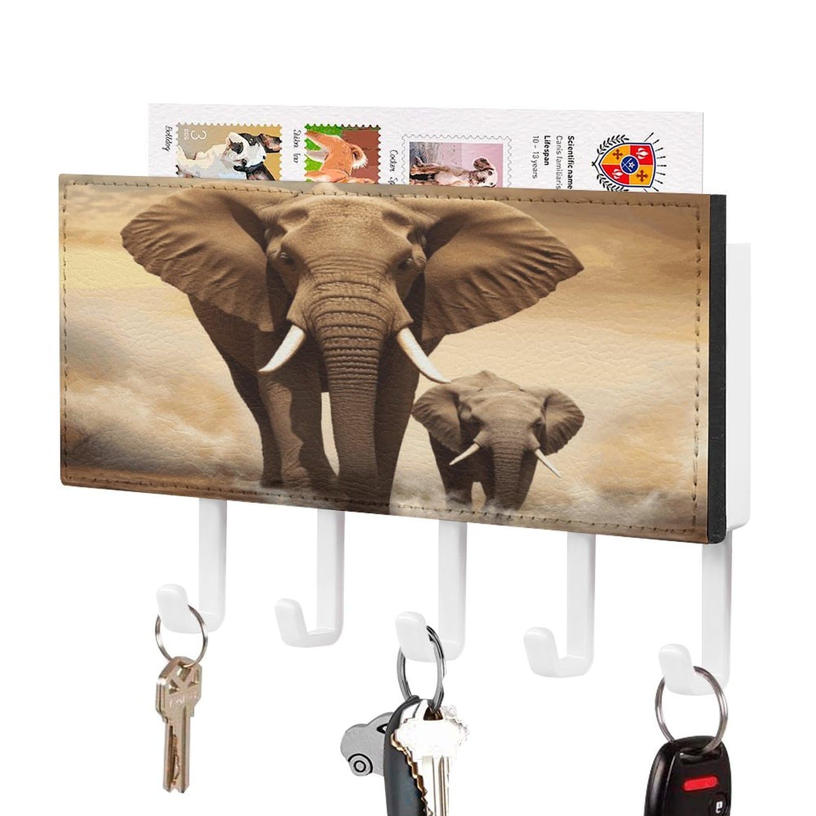 JTREHY Elephant Key Holder Wall Mount Decorative Key and Mail Holder PU Leather Adhesive Key Organizer Hanging Key Hooks Wall Shelf with 5 Hooks for Entryway Hallway Office