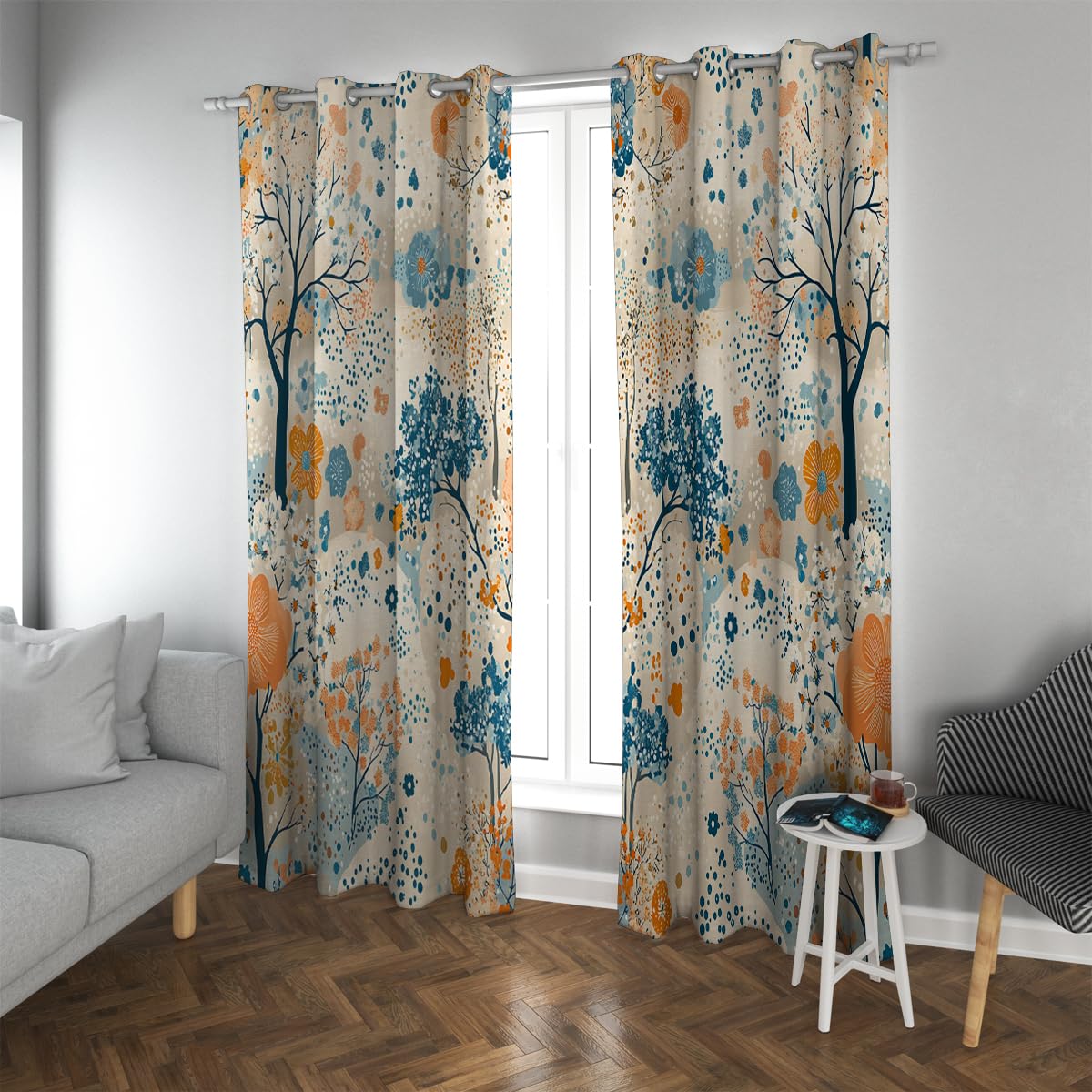 Rideaux à motifs floraux bleus et orange occultation et œillets